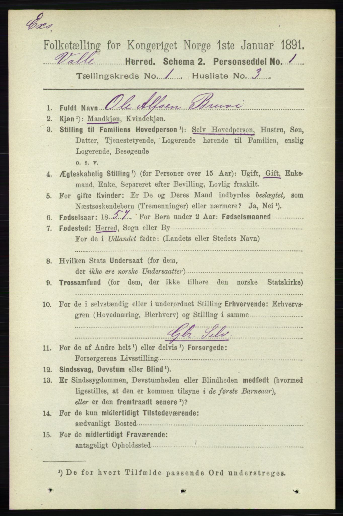 RA, Census 1891 for Nedenes amt: Gjenparter av personsedler for beslektede ektefeller, menn, 1891, p. 1047