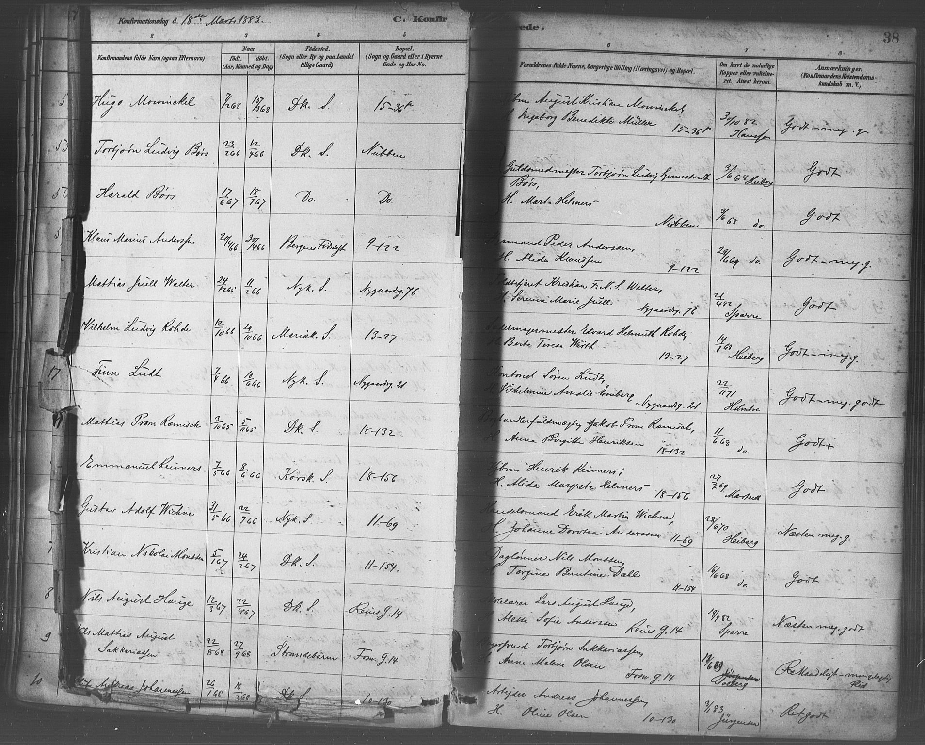 Domkirken sokneprestembete, SAB/A-74801/H/Haa/L0030: Parish register (official) no. C 5, 1880-1898, p. 38