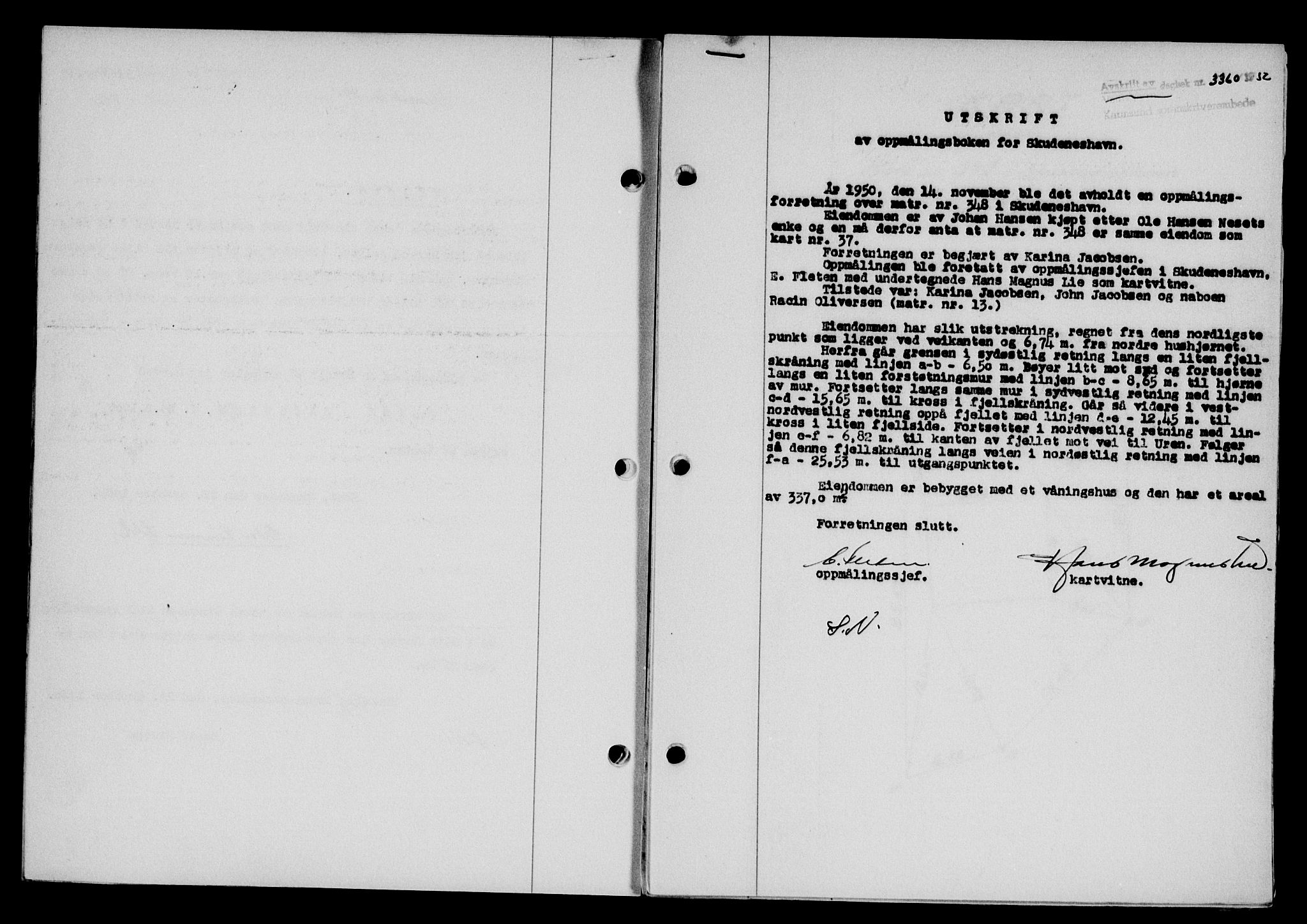 Karmsund sorenskriveri, SAST/A-100311/01/II/IIB/L0101: Mortgage book no. 81A, 1950-1951, Diary no: : 3360/1950