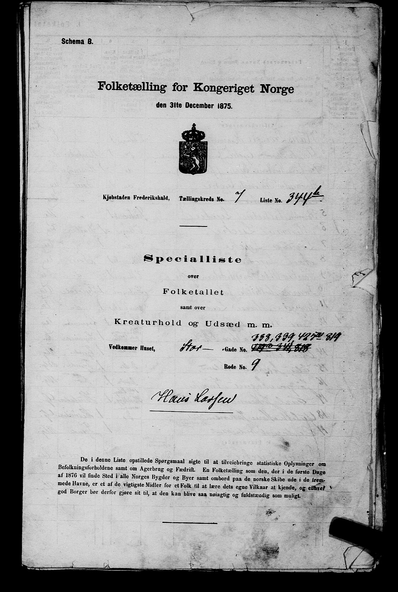 RA, 1875 census for 0101P Fredrikshald, 1875, p. 836