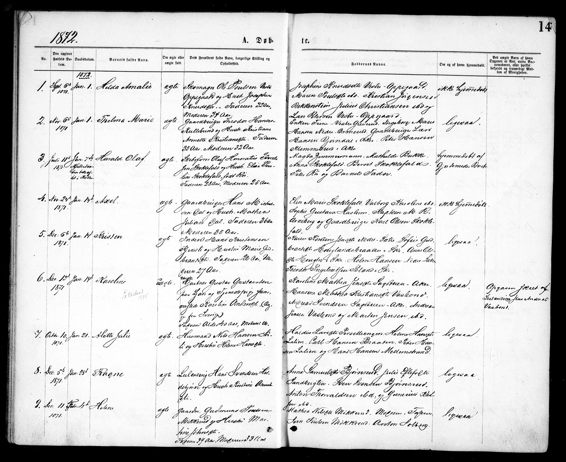 Nesodden prestekontor Kirkebøker, SAO/A-10013/F/Fa/L0008: Parish register (official) no. I 8, 1869-1879, p. 14