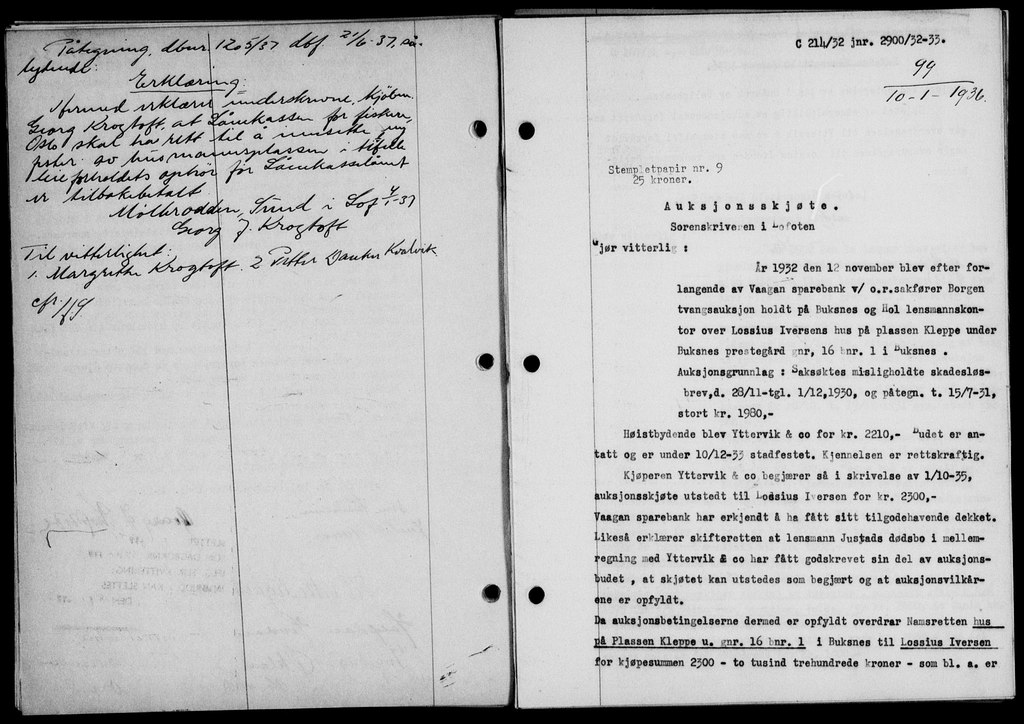 Lofoten sorenskriveri, SAT/A-0017/1/2/2C/L0033b: Mortgage book no. 33b, 1936-1936, Diary no: : 99/1936