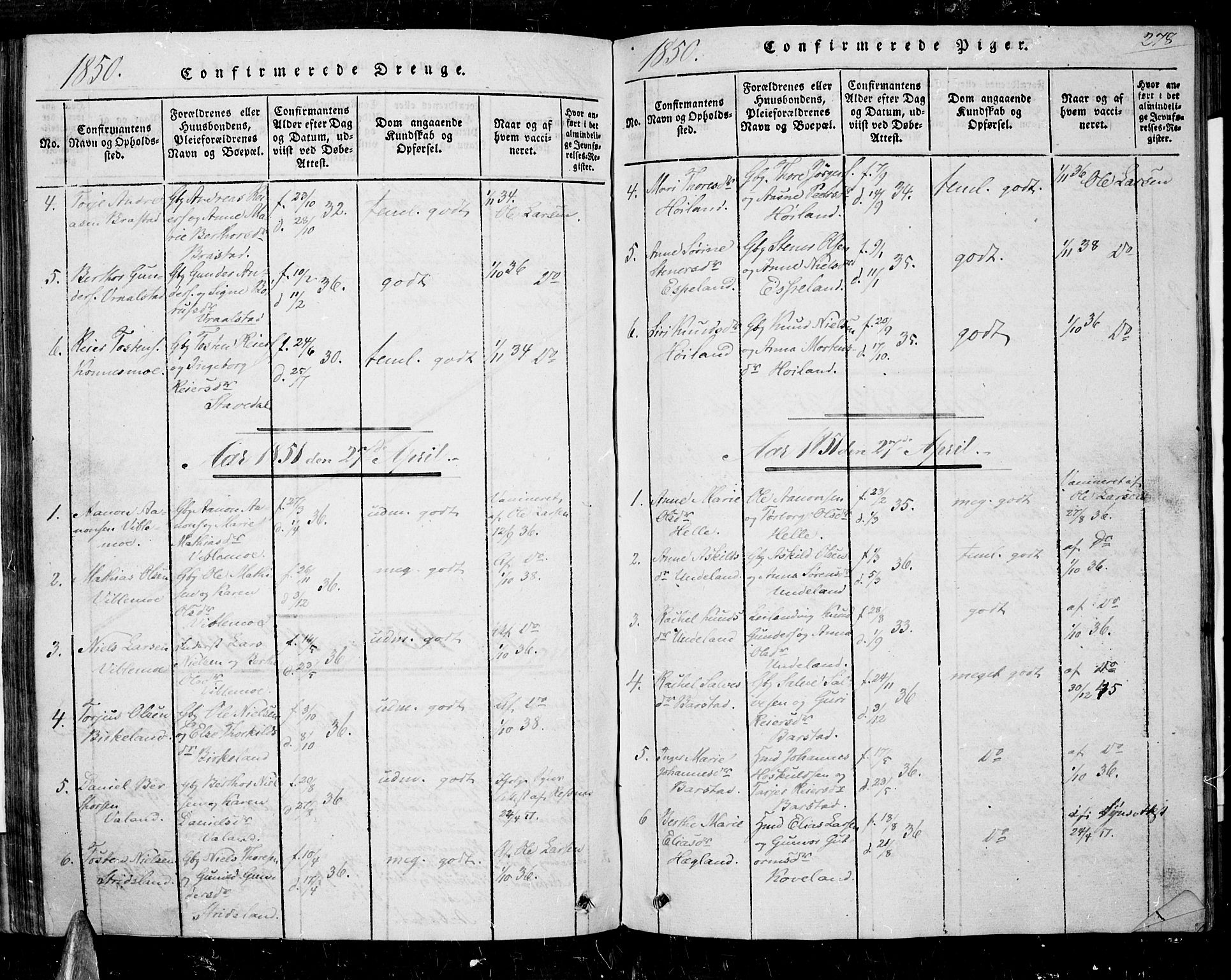 Nord-Audnedal sokneprestkontor, AV/SAK-1111-0032/F/Fa/Faa/L0001: Parish register (official) no. A 1, 1815-1856, p. 278