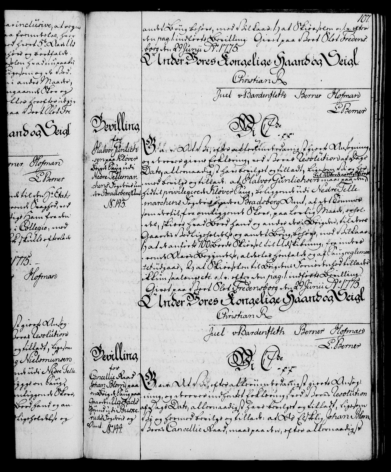 Rentekammeret, Kammerkanselliet, RA/EA-3111/G/Gg/Gga/L0010: Norsk ekspedisjonsprotokoll med register (merket RK 53.10), 1773-1778, p. 107