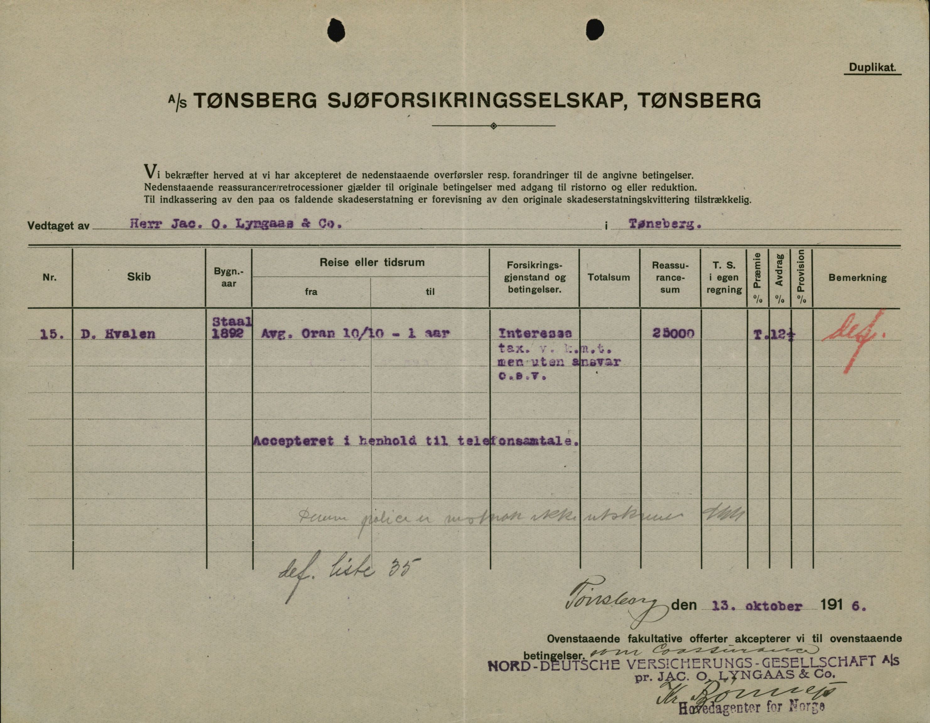 Pa 664 - Tønsberg Sjøforsikringsselskap, VEMU/A-1773/F/L0001: Forsikringspoliser, 1915-1918