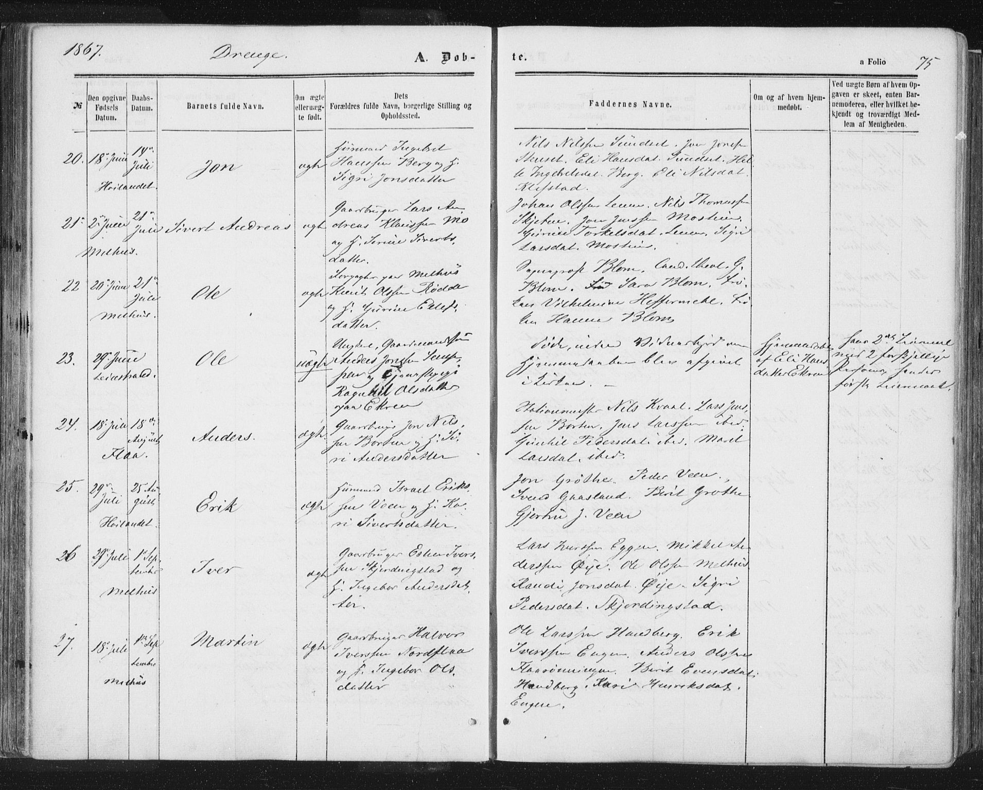 Ministerialprotokoller, klokkerbøker og fødselsregistre - Sør-Trøndelag, SAT/A-1456/691/L1077: Parish register (official) no. 691A09, 1862-1873, p. 75
