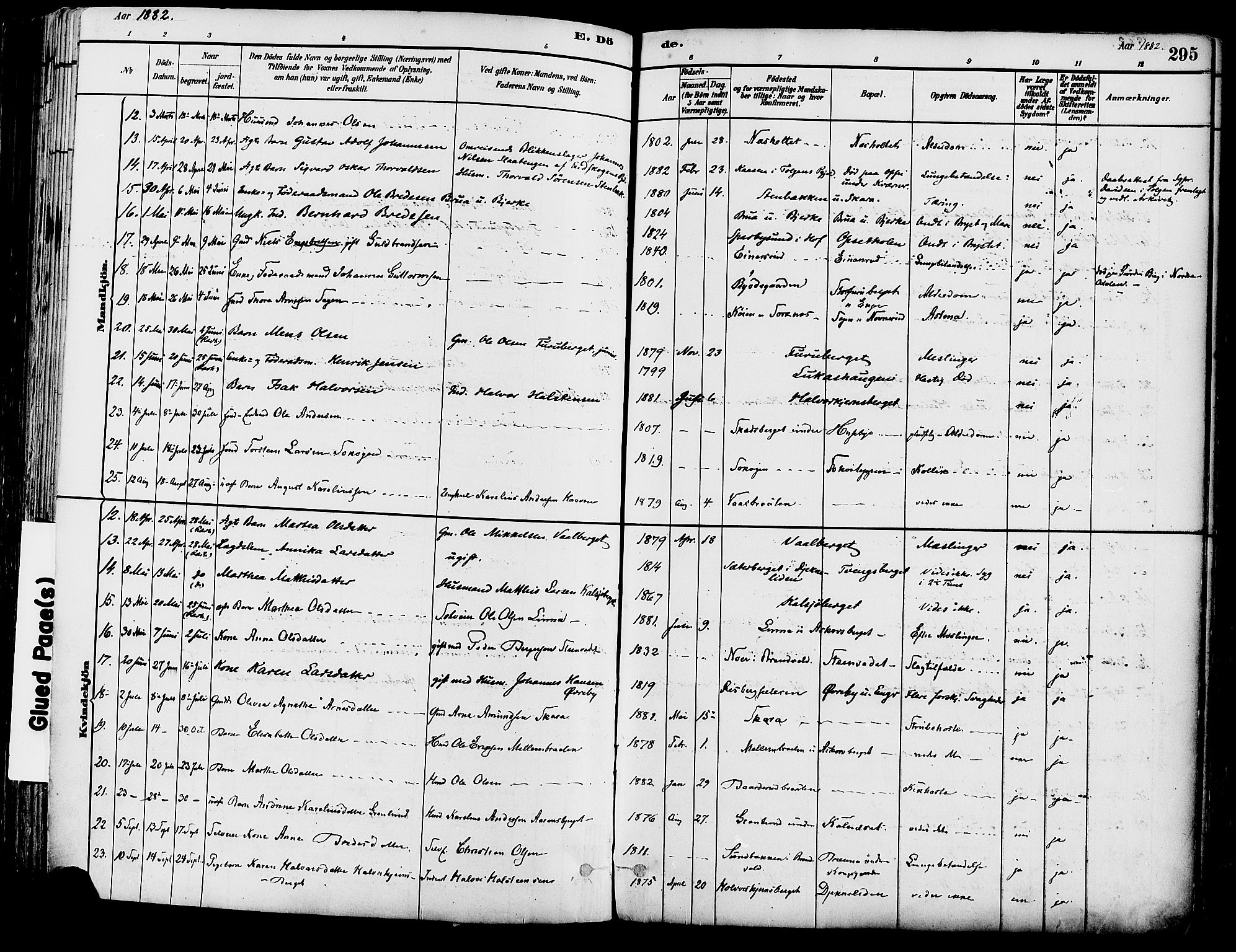 Grue prestekontor, SAH/PREST-036/H/Ha/Haa/L0012: Parish register (official) no. 12, 1881-1897, p. 295