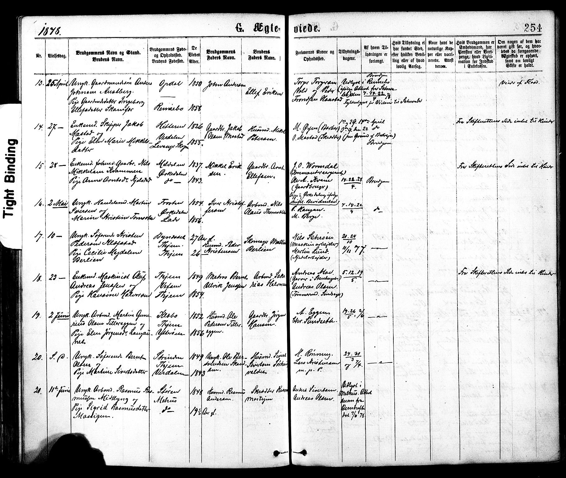 Ministerialprotokoller, klokkerbøker og fødselsregistre - Sør-Trøndelag, AV/SAT-A-1456/602/L0118: Parish register (official) no. 602A16, 1873-1879, p. 254