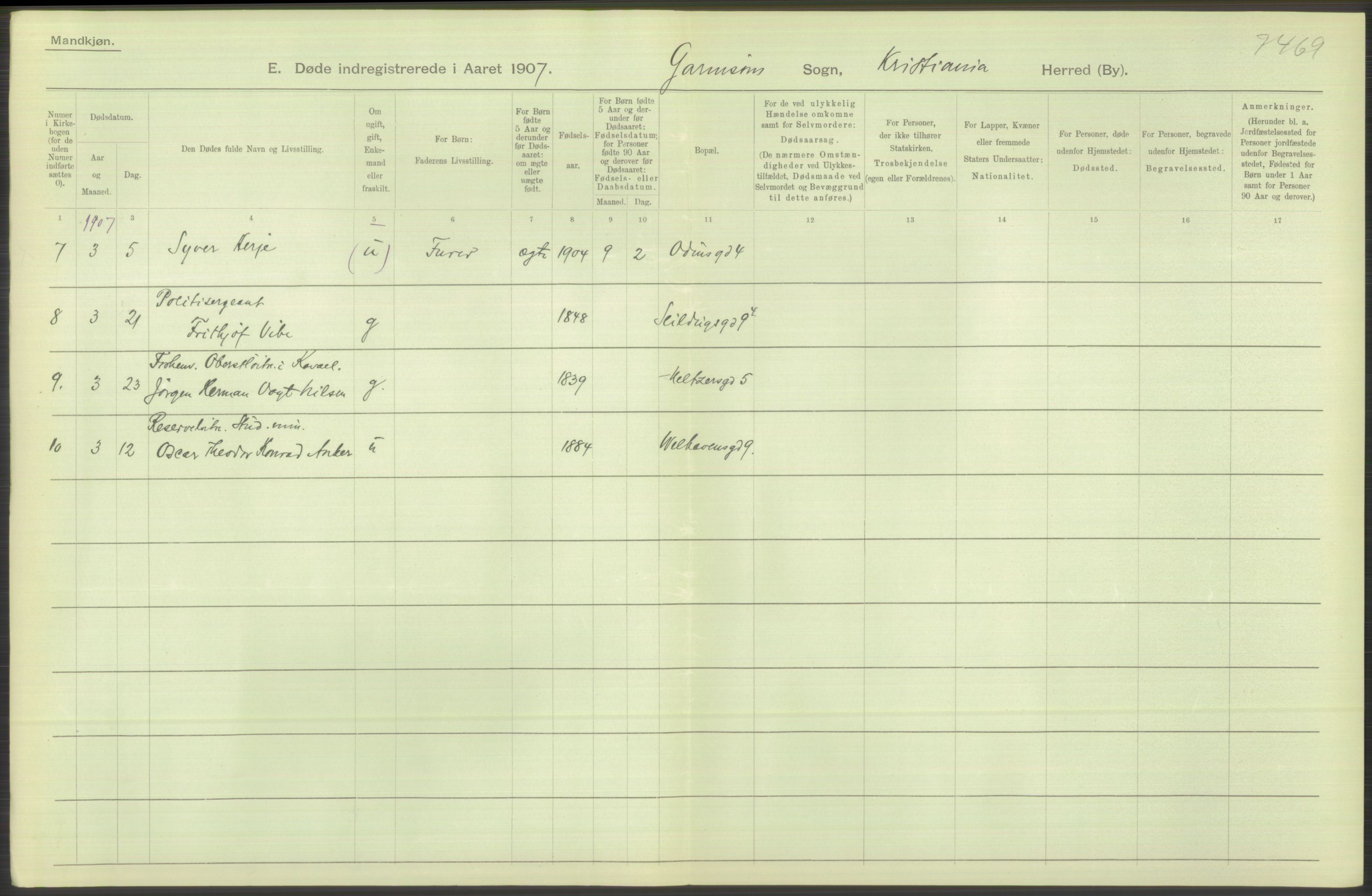 Statistisk sentralbyrå, Sosiodemografiske emner, Befolkning, AV/RA-S-2228/D/Df/Dfa/Dfae/L0009: Kristiania: Døde, 1907, p. 144