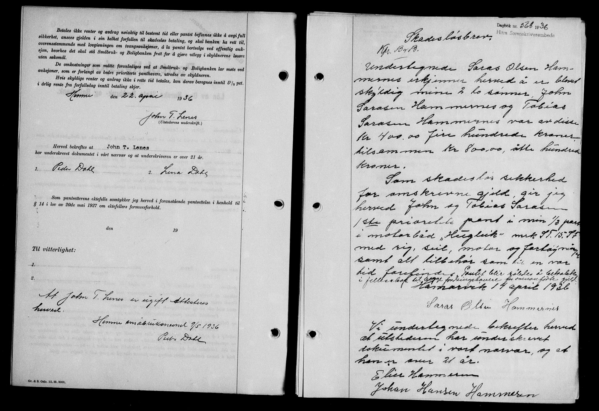 Hitra sorenskriveri, AV/SAT-A-0018/2/2C/2Ca/L0028: Mortgage book no. B-1, 1936-1939, Diary no: : 568/1936