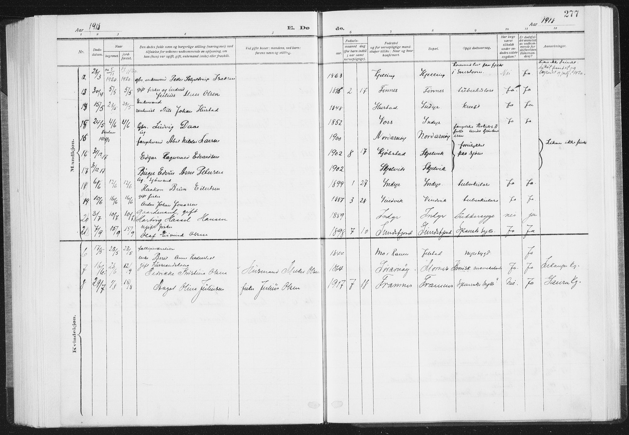 Ministerialprotokoller, klokkerbøker og fødselsregistre - Nordland, AV/SAT-A-1459/805/L0104: Parish register (official) no. 805A09, 1909-1926, p. 277