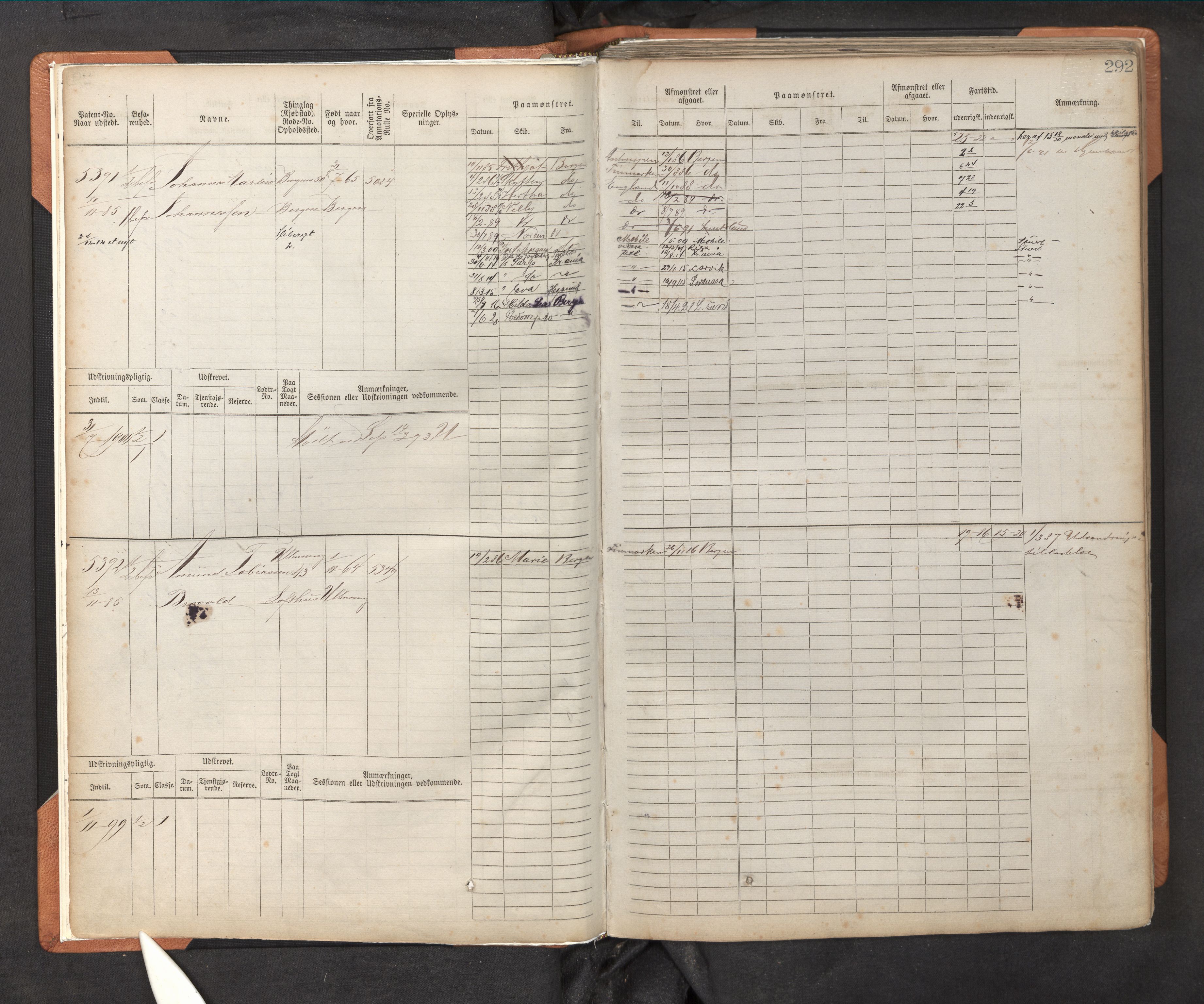 Innrulleringssjefen i Bergen, AV/SAB-A-100050/F/Fc/L0009: Sjøfartshovedrulle, nr. 5391 - 6010, 1882-1889, p. 292