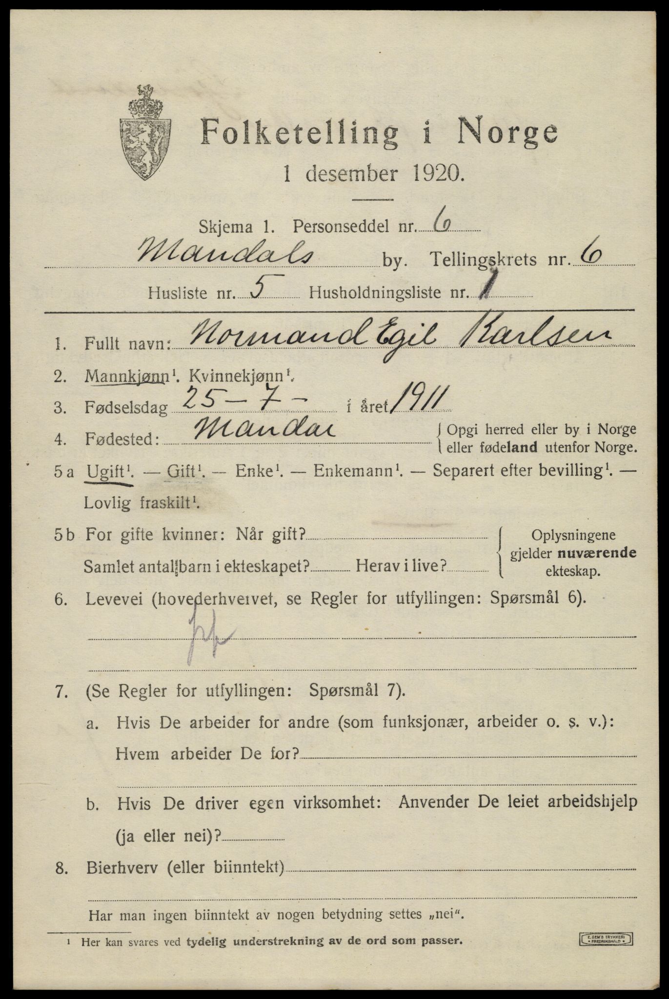 SAK, 1920 census for Mandal, 1920, p. 9163