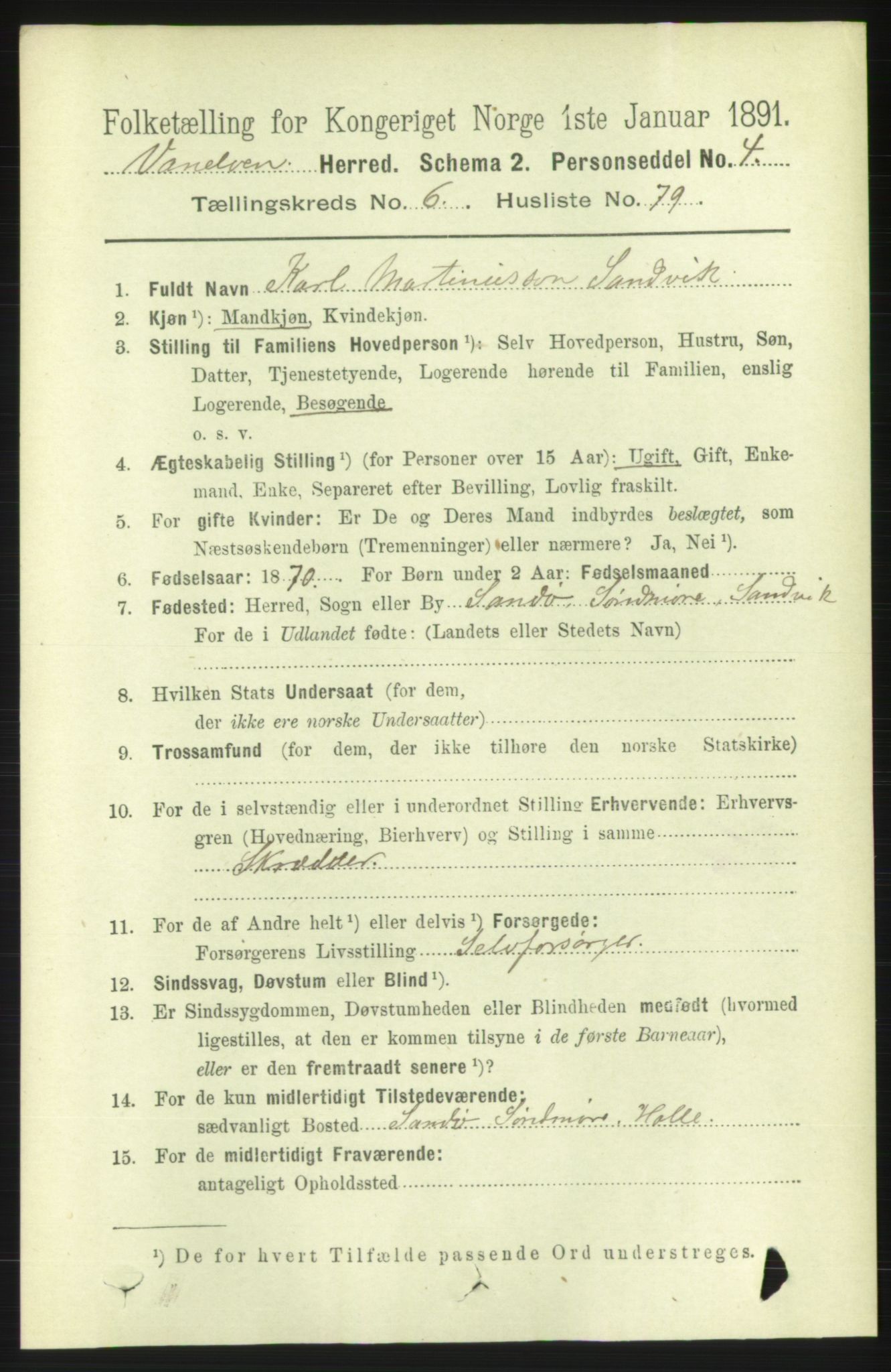 RA, 1891 census for 1511 Vanylven, 1891, p. 3083