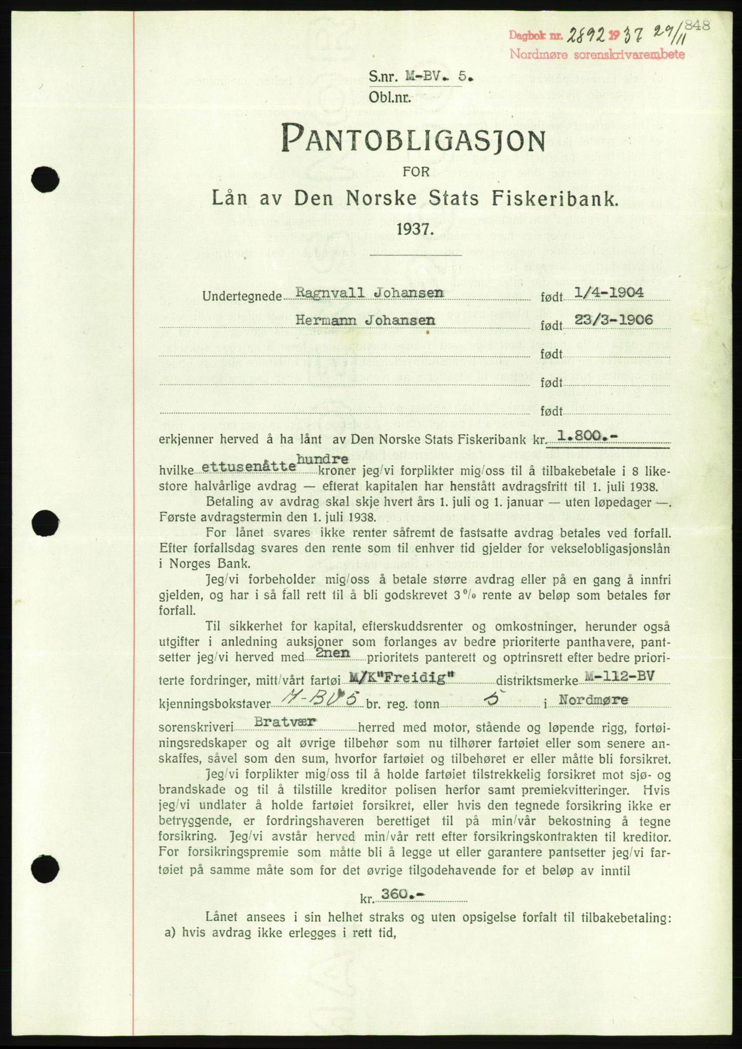 Nordmøre sorenskriveri, AV/SAT-A-4132/1/2/2Ca/L0092: Mortgage book no. B82, 1937-1938, Diary no: : 2892/1937