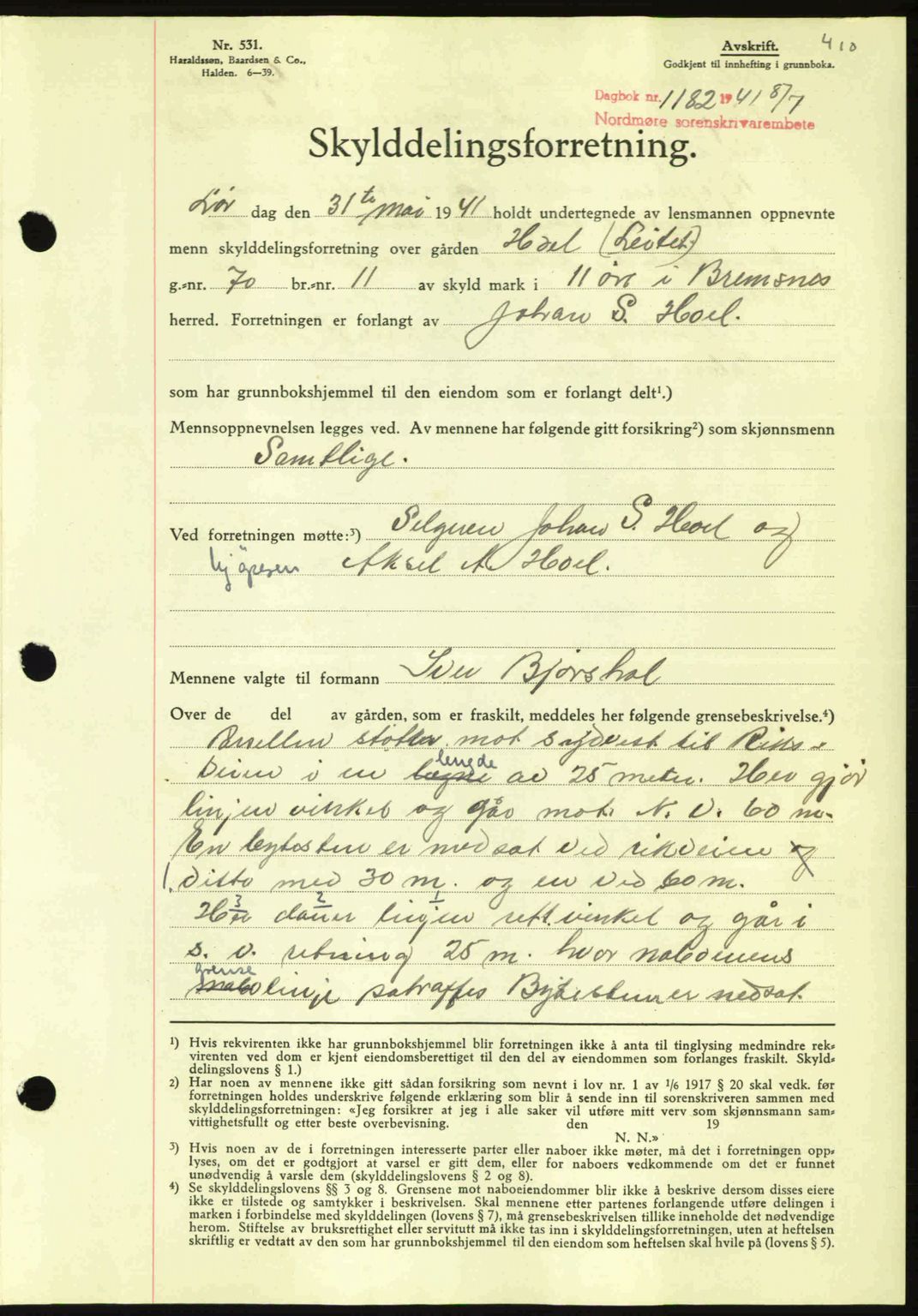 Nordmøre sorenskriveri, SAT/A-4132/1/2/2Ca: Mortgage book no. A90, 1941-1941, Diary no: : 1182/1941