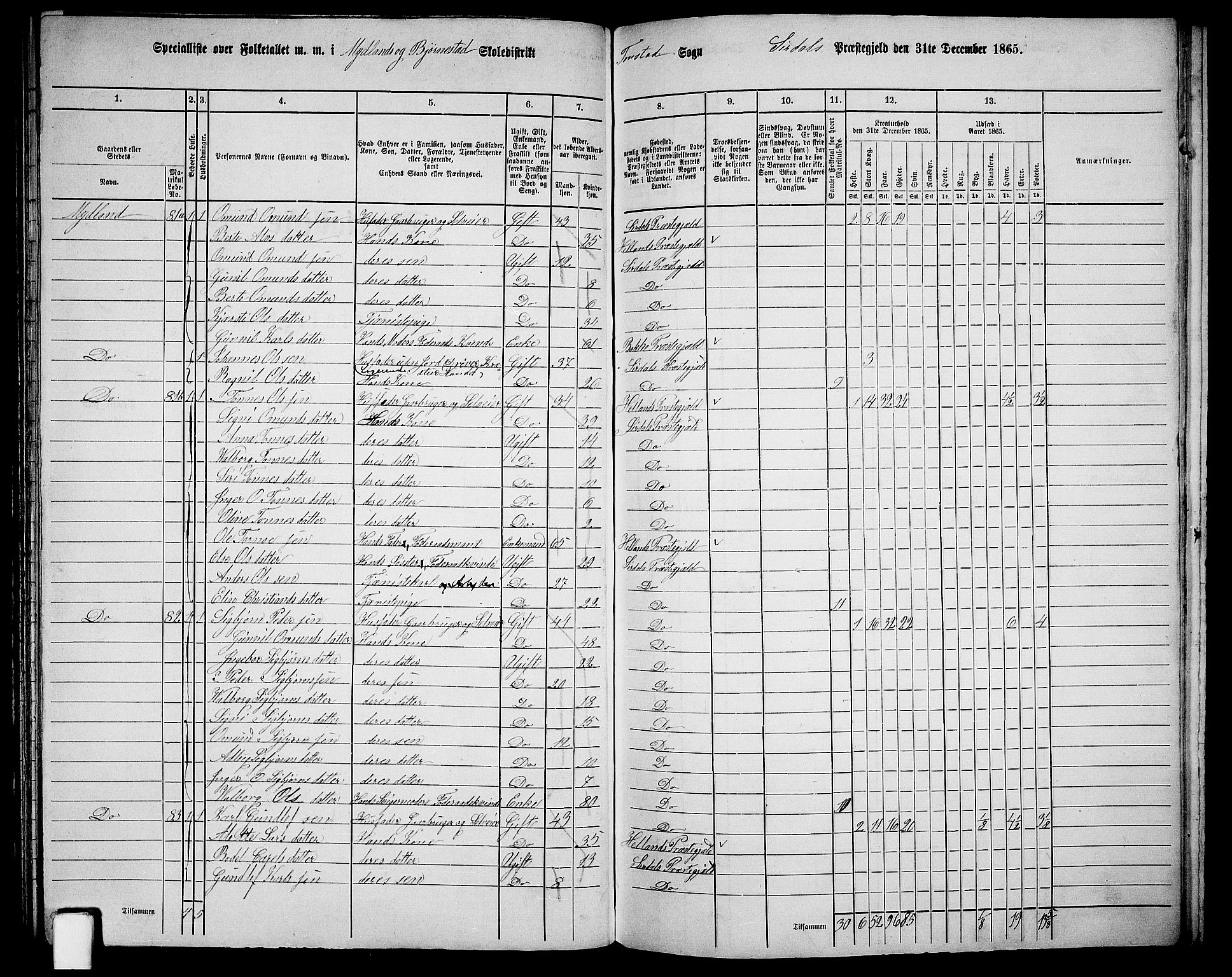 RA, 1865 census for Sirdal, 1865, p. 7