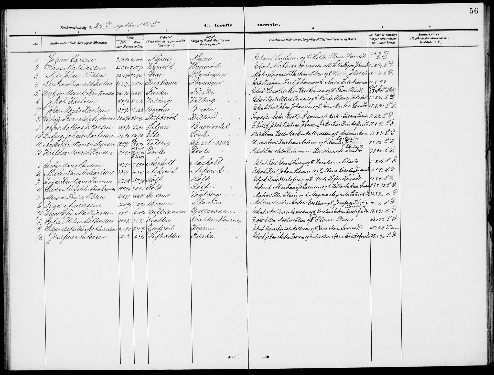 Stokke kirkebøker, AV/SAKO-A-320/G/Gc/L0001: Parish register (copy) no. III 1, 1904-1935, p. 56