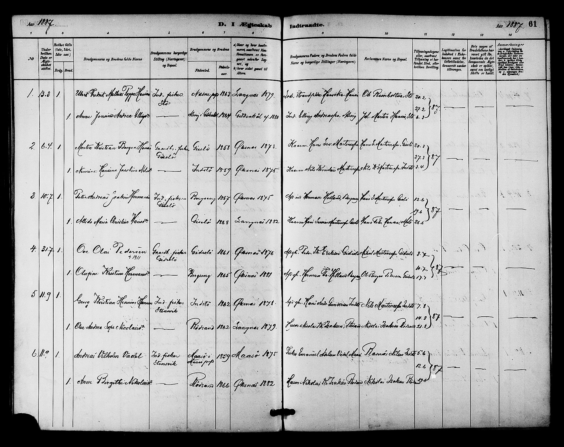 Ministerialprotokoller, klokkerbøker og fødselsregistre - Nordland, AV/SAT-A-1459/894/L1355: Parish register (official) no. 894A01, 1885-1896, p. 61