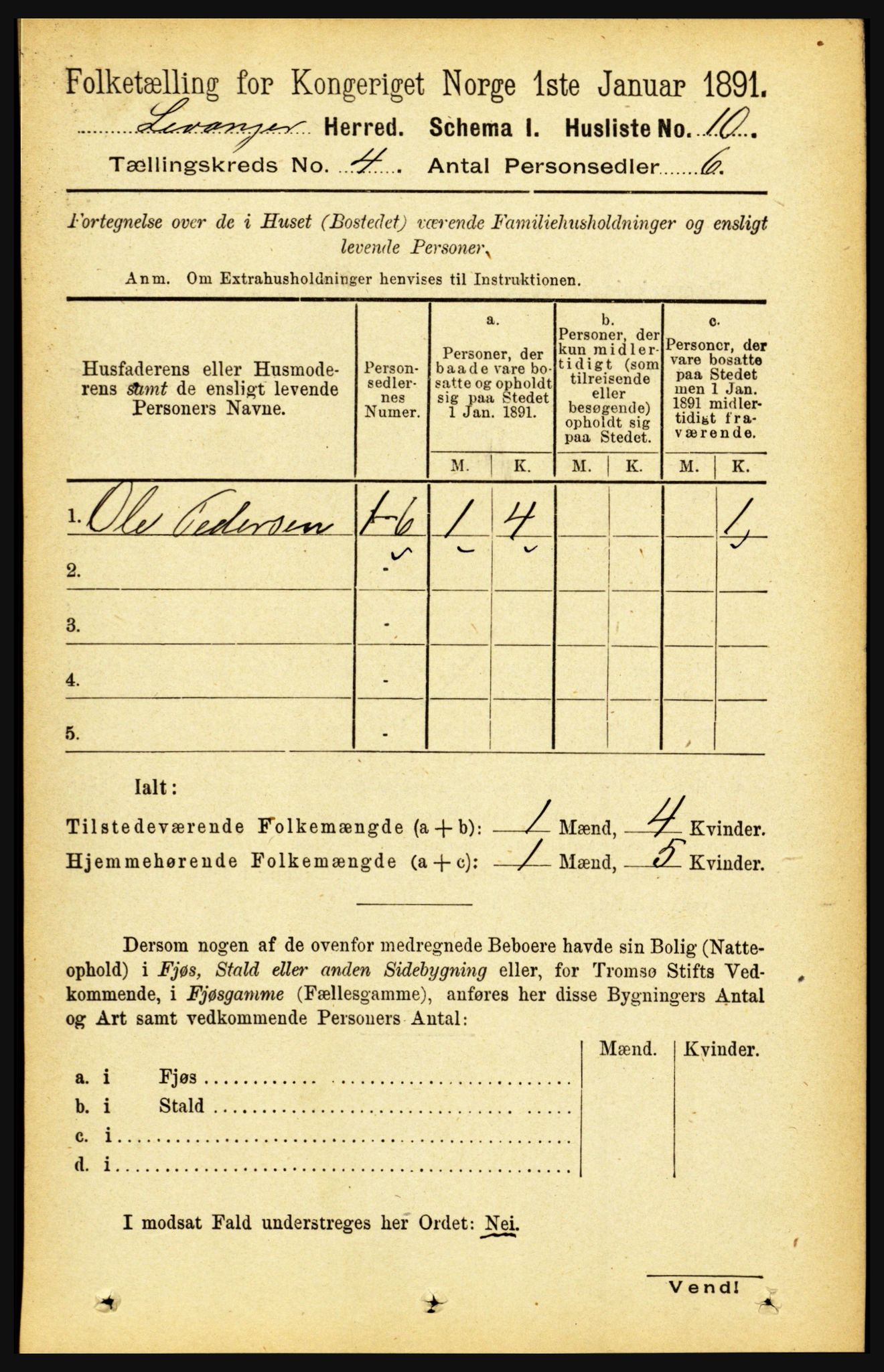 RA, 1891 census for 1720 Levanger, 1891, p. 2091