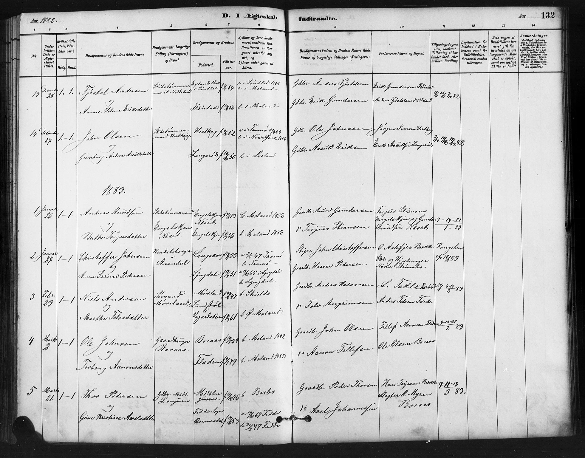 Austre Moland sokneprestkontor, SAK/1111-0001/F/Fb/Fba/L0003: Parish register (copy) no. B 3, 1879-1914, p. 132