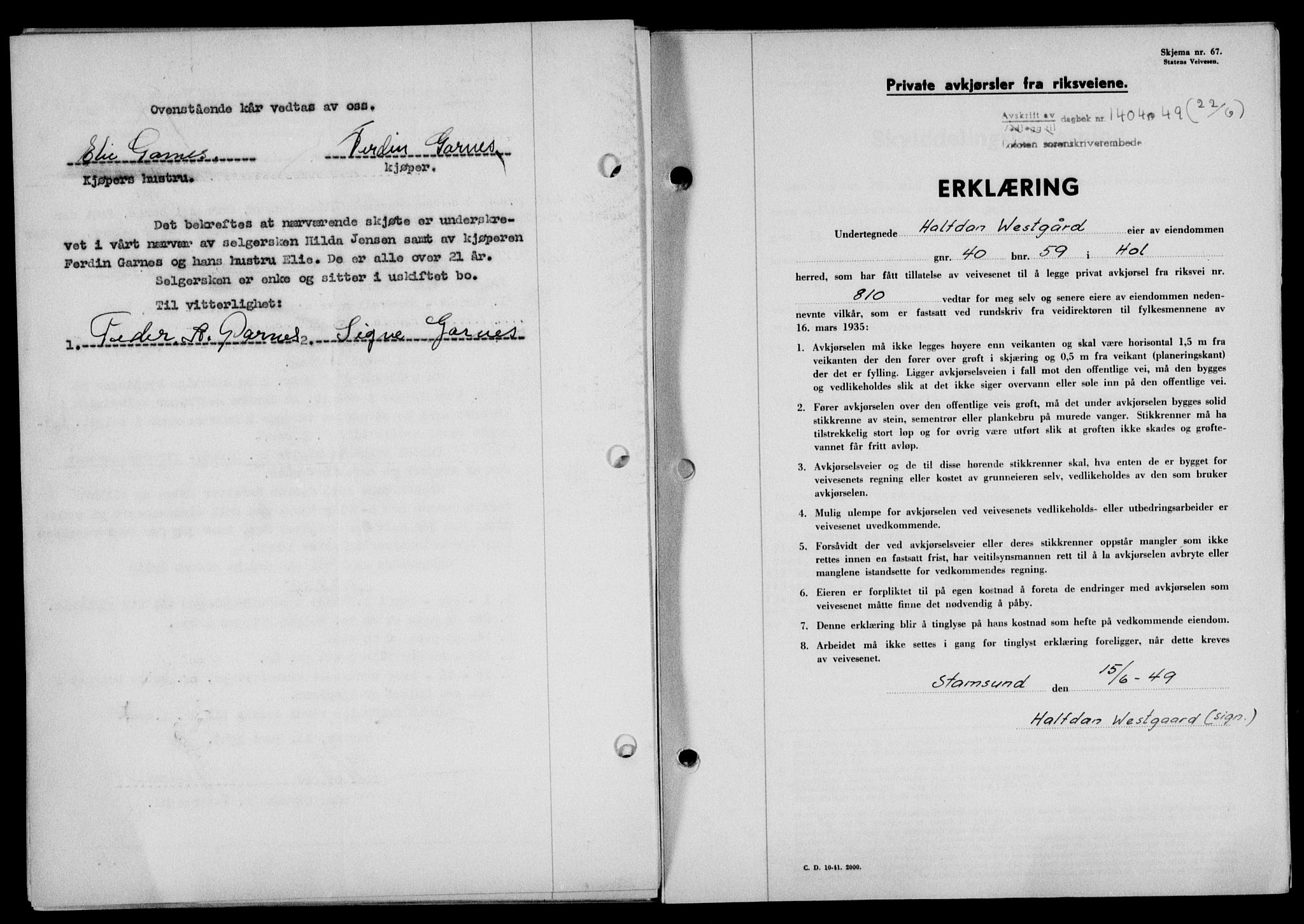 Lofoten sorenskriveri, SAT/A-0017/1/2/2C/L0021a: Mortgage book no. 21a, 1949-1949, Diary no: : 1404/1949