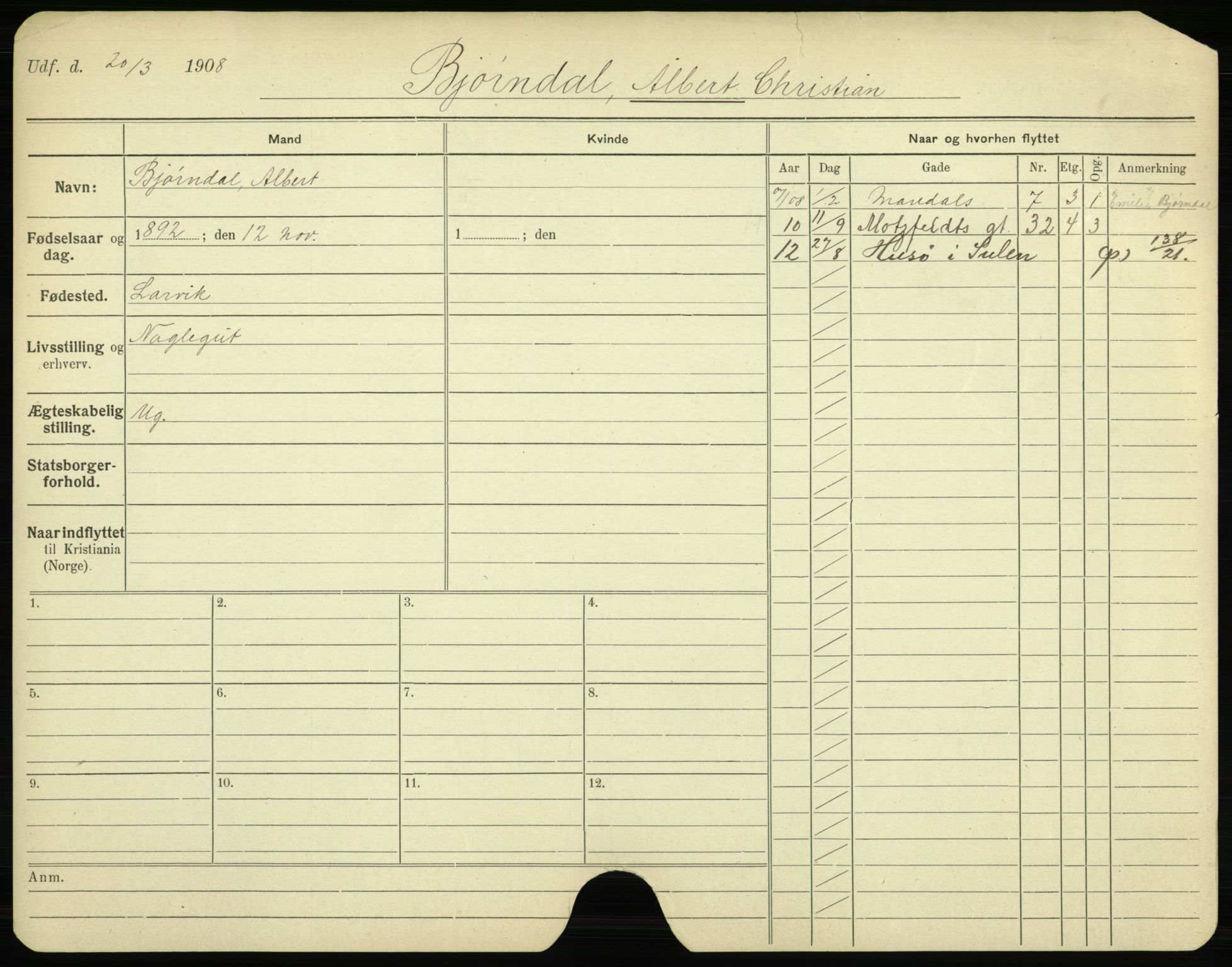 Oslo folkeregister, Registerkort, AV/SAO-A-11715/F/Fa/Fac/L0002: Menn, 1906-1914, p. 26a