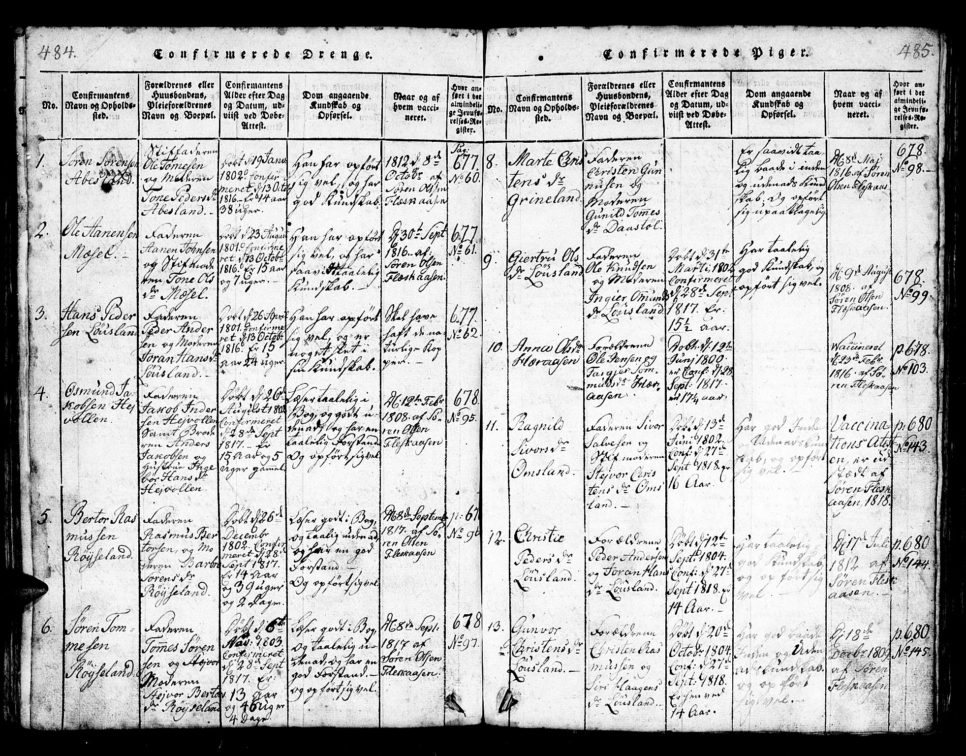 Bjelland sokneprestkontor, SAK/1111-0005/F/Fb/Fbb/L0003: Parish register (copy) no. B 3, 1816-1868, p. 484-485