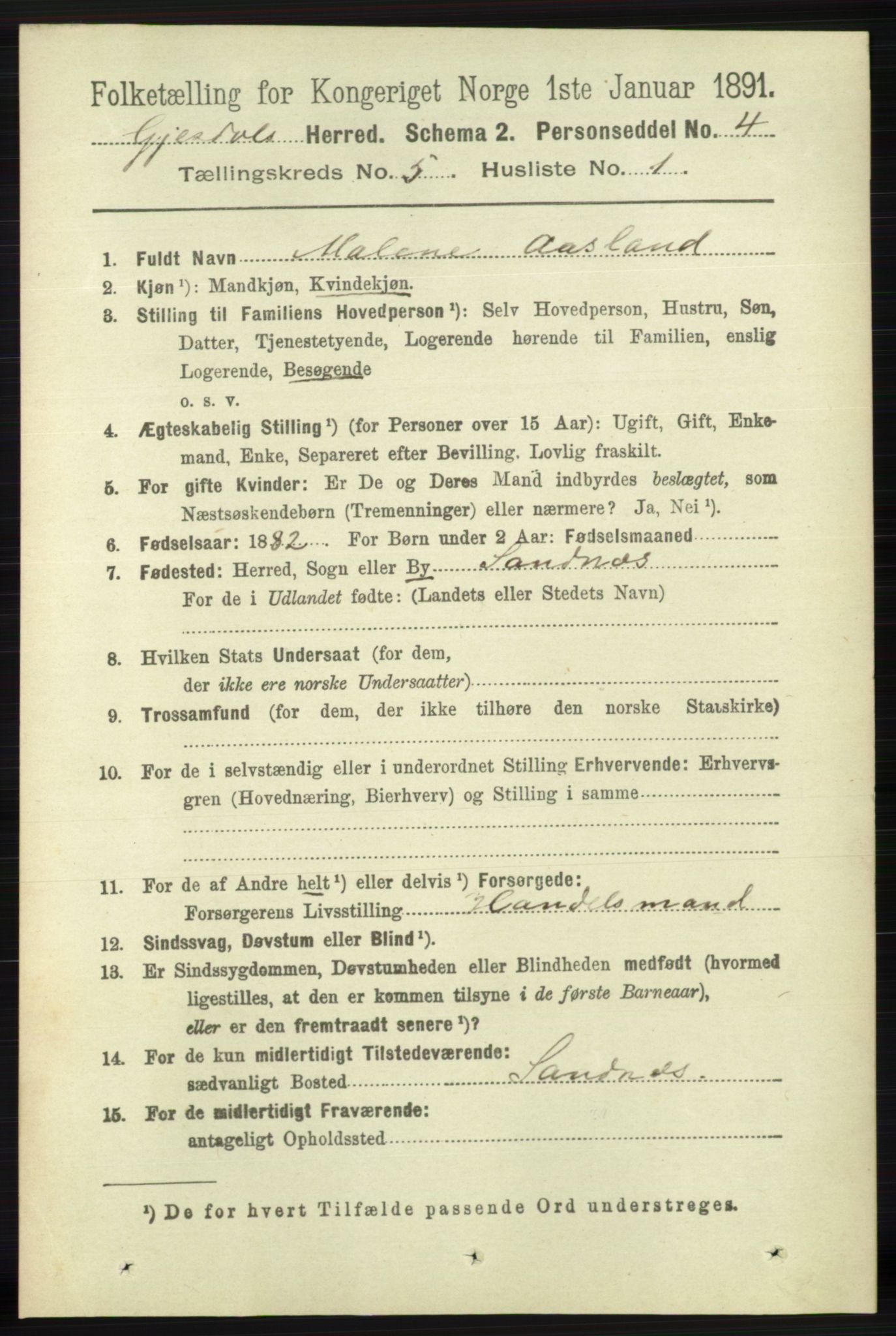 RA, 1891 census for 1122 Gjesdal, 1891, p. 1491