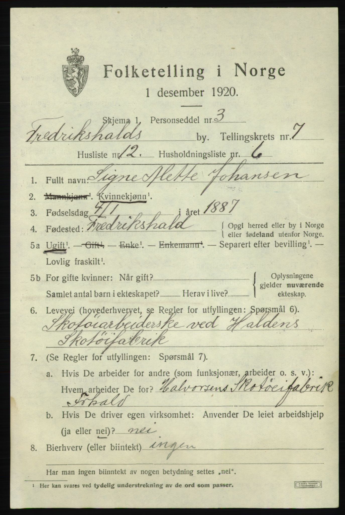 SAO, 1920 census for Fredrikshald, 1920, p. 14092