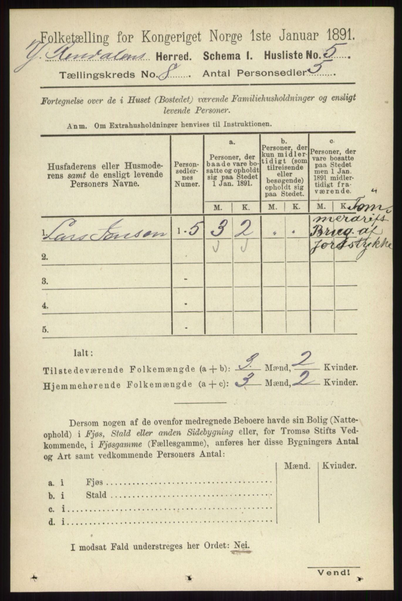 RA, 1891 census for 0432 Ytre Rendal, 1891, p. 2053