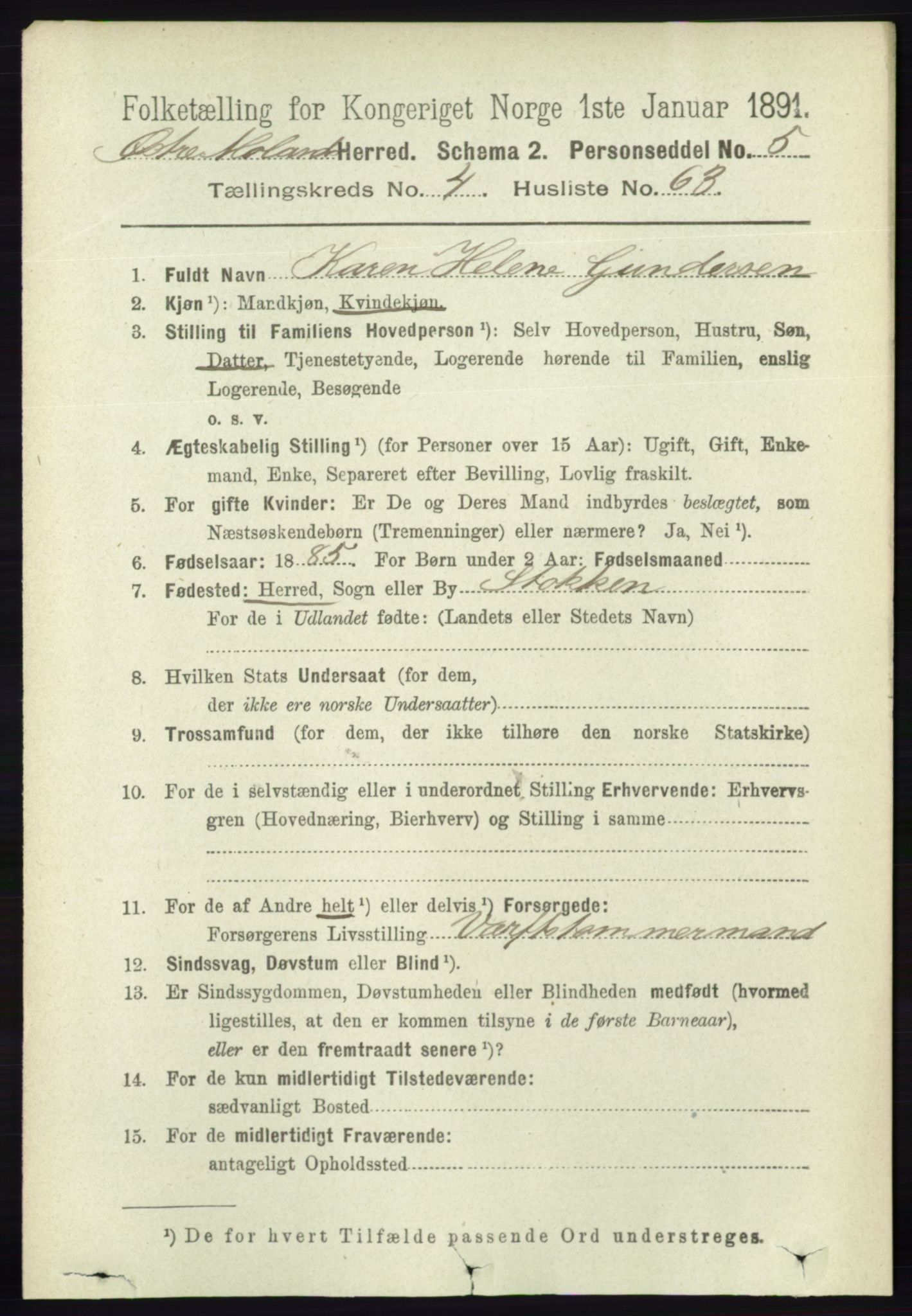 RA, 1891 census for 0918 Austre Moland, 1891, p. 2395