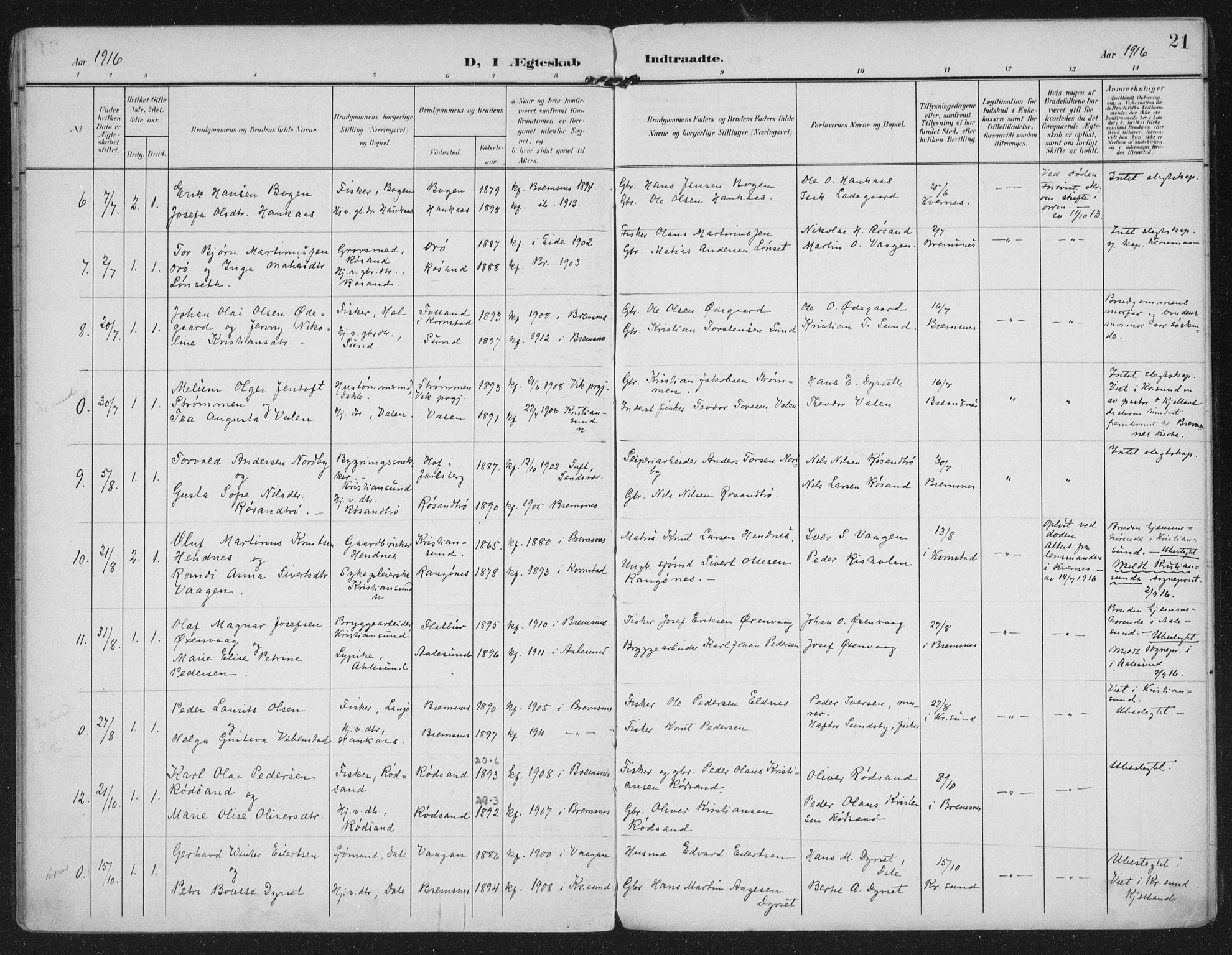 Ministerialprotokoller, klokkerbøker og fødselsregistre - Møre og Romsdal, AV/SAT-A-1454/569/L0822: Parish register (official) no. 569A08, 1908-1919, p. 21