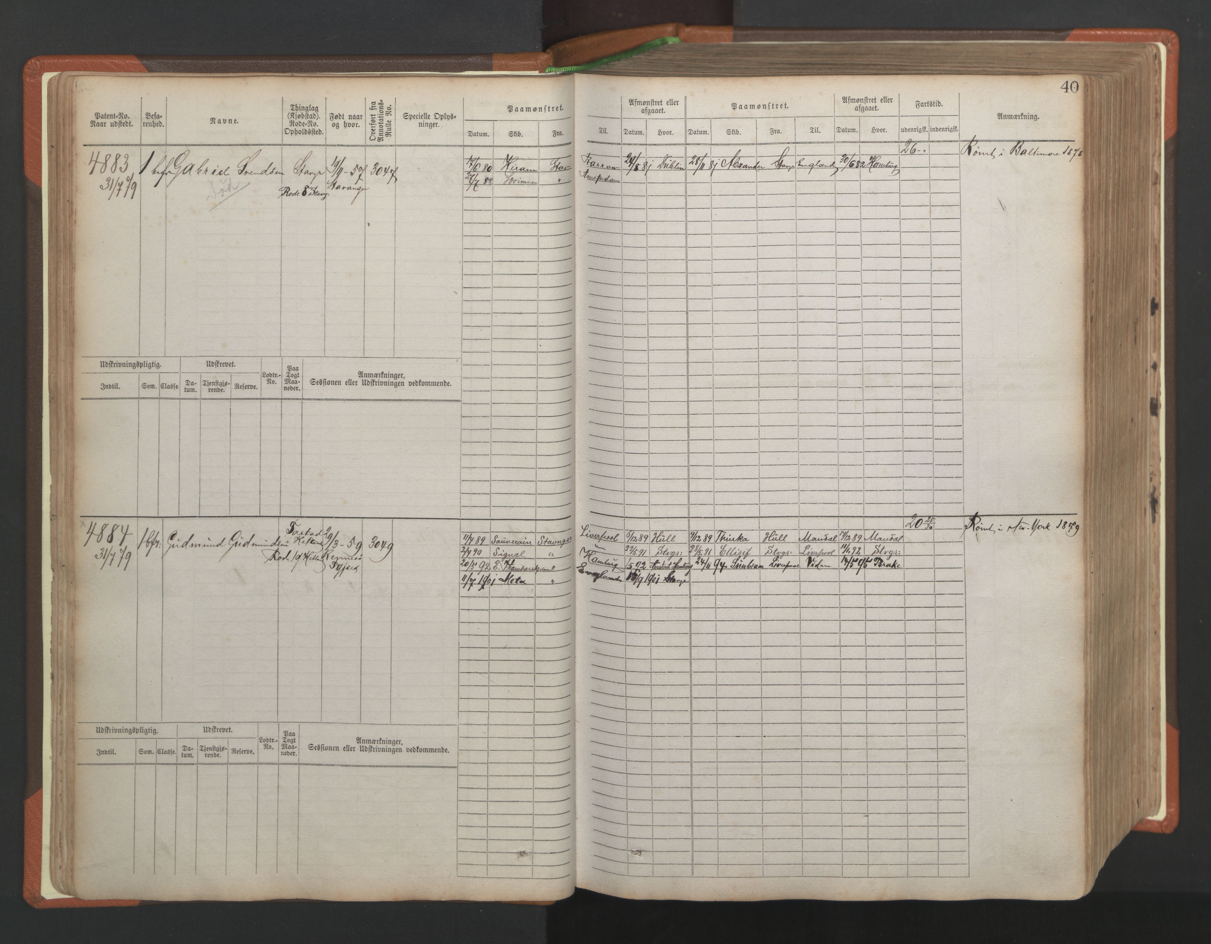 Stavanger sjømannskontor, AV/SAST-A-102006/F/Fb/Fbb/L0009: Sjøfartshovedrulle, patentnr. 4805-6006, 1879-1887, p. 44
