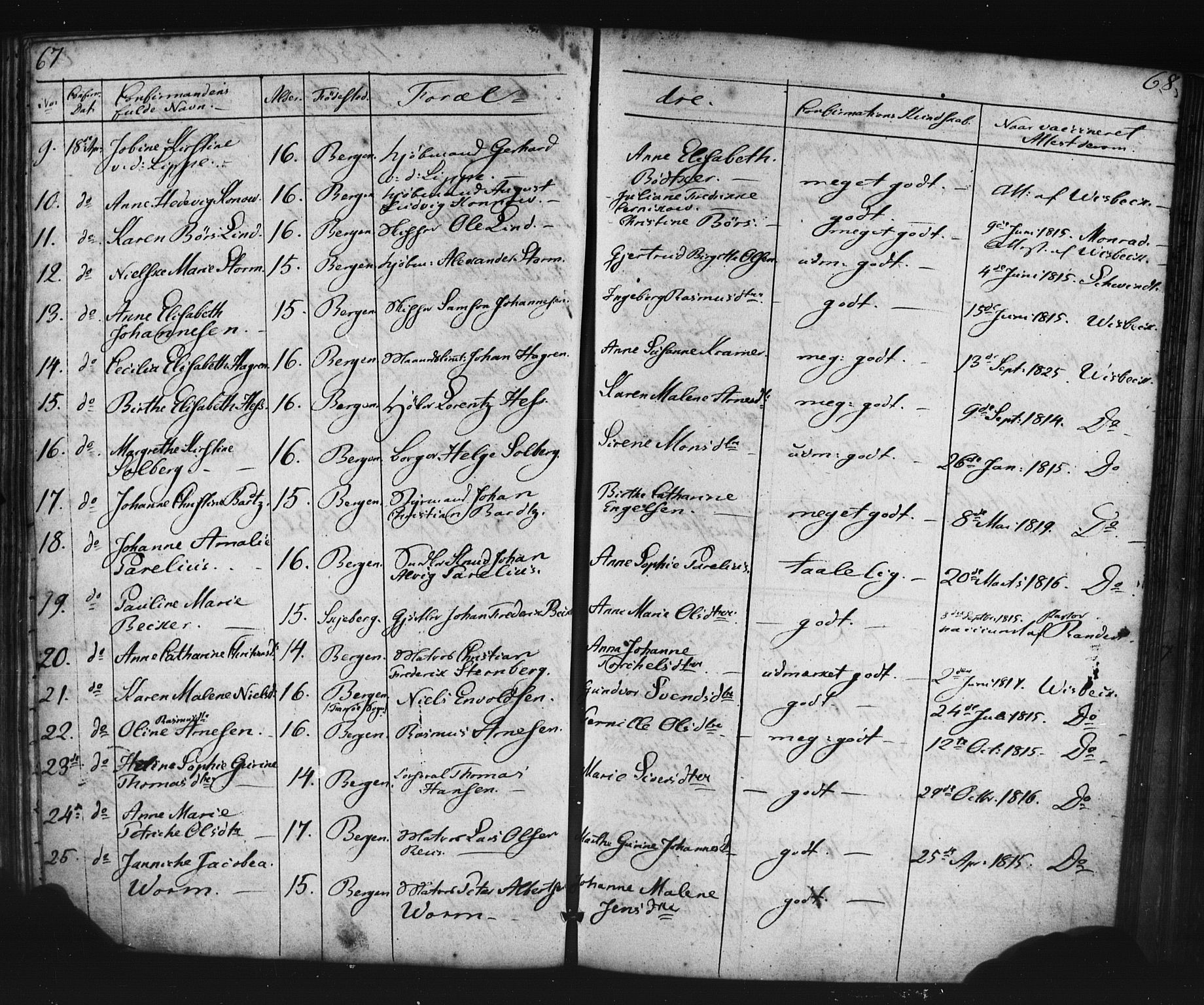 Domkirken sokneprestembete, AV/SAB-A-74801/H/Haa/L0063: Curate's parish register no. A 1, 1821-1848, p. 67-68