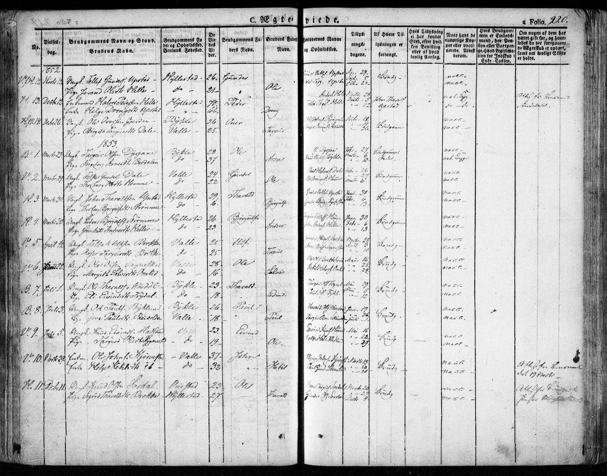 Valle sokneprestkontor, SAK/1111-0044/F/Fa/Fac/L0006: Parish register (official) no. A 6, 1831-1853, p. 220