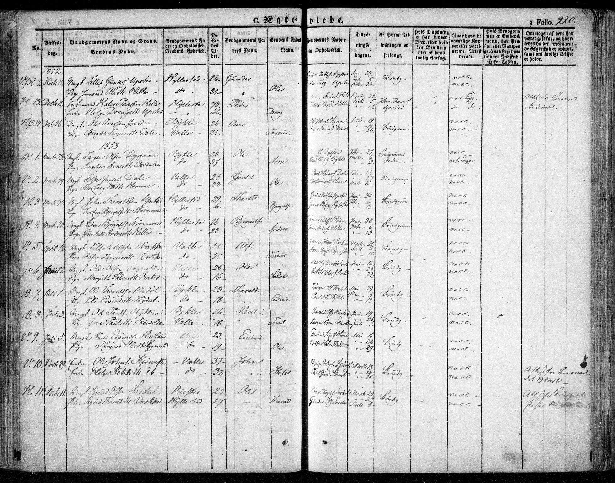 Valle sokneprestkontor, AV/SAK-1111-0044/F/Fa/Fac/L0006: Parish register (official) no. A 6, 1831-1853, p. 220