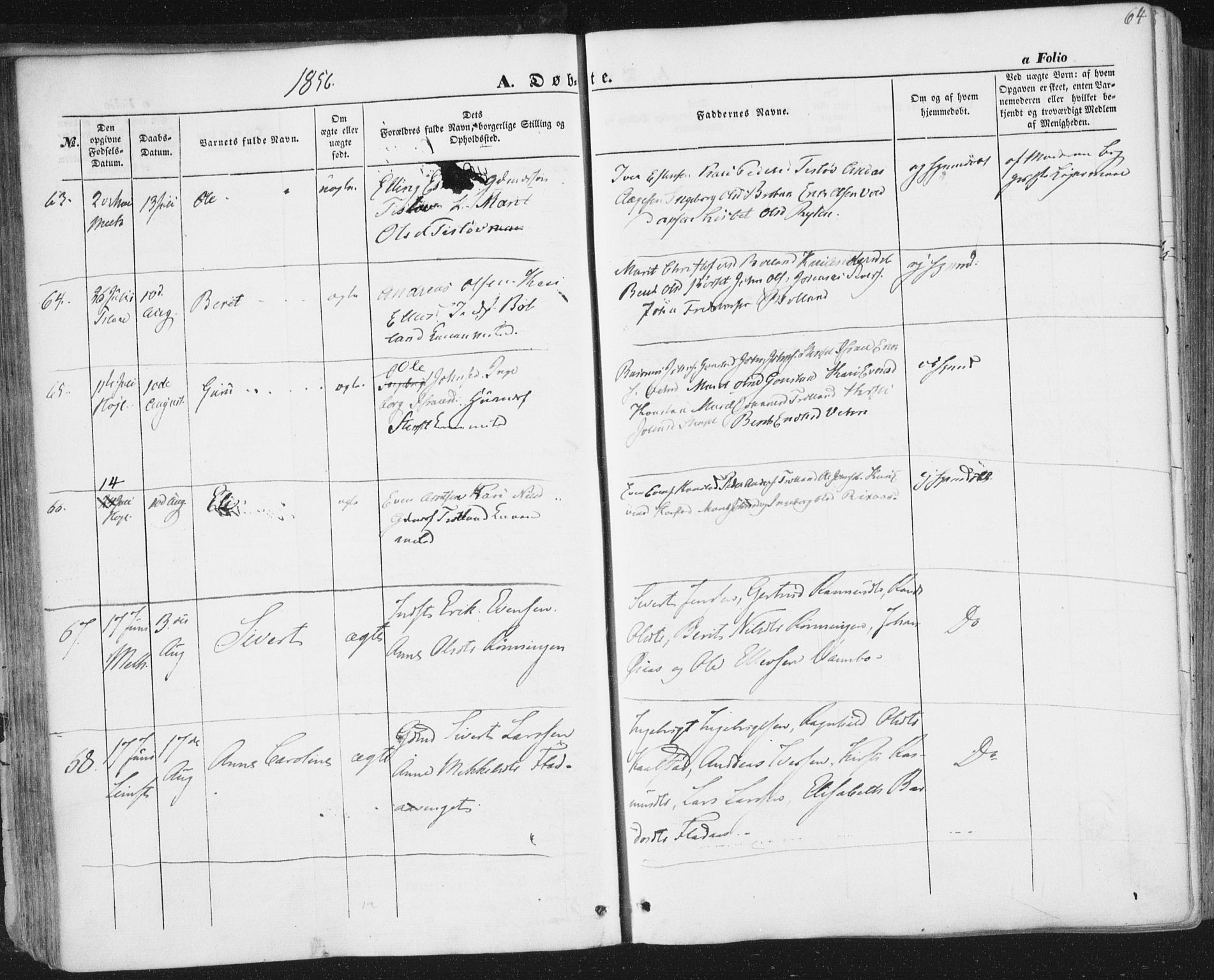 Ministerialprotokoller, klokkerbøker og fødselsregistre - Sør-Trøndelag, SAT/A-1456/691/L1076: Parish register (official) no. 691A08, 1852-1861, p. 64