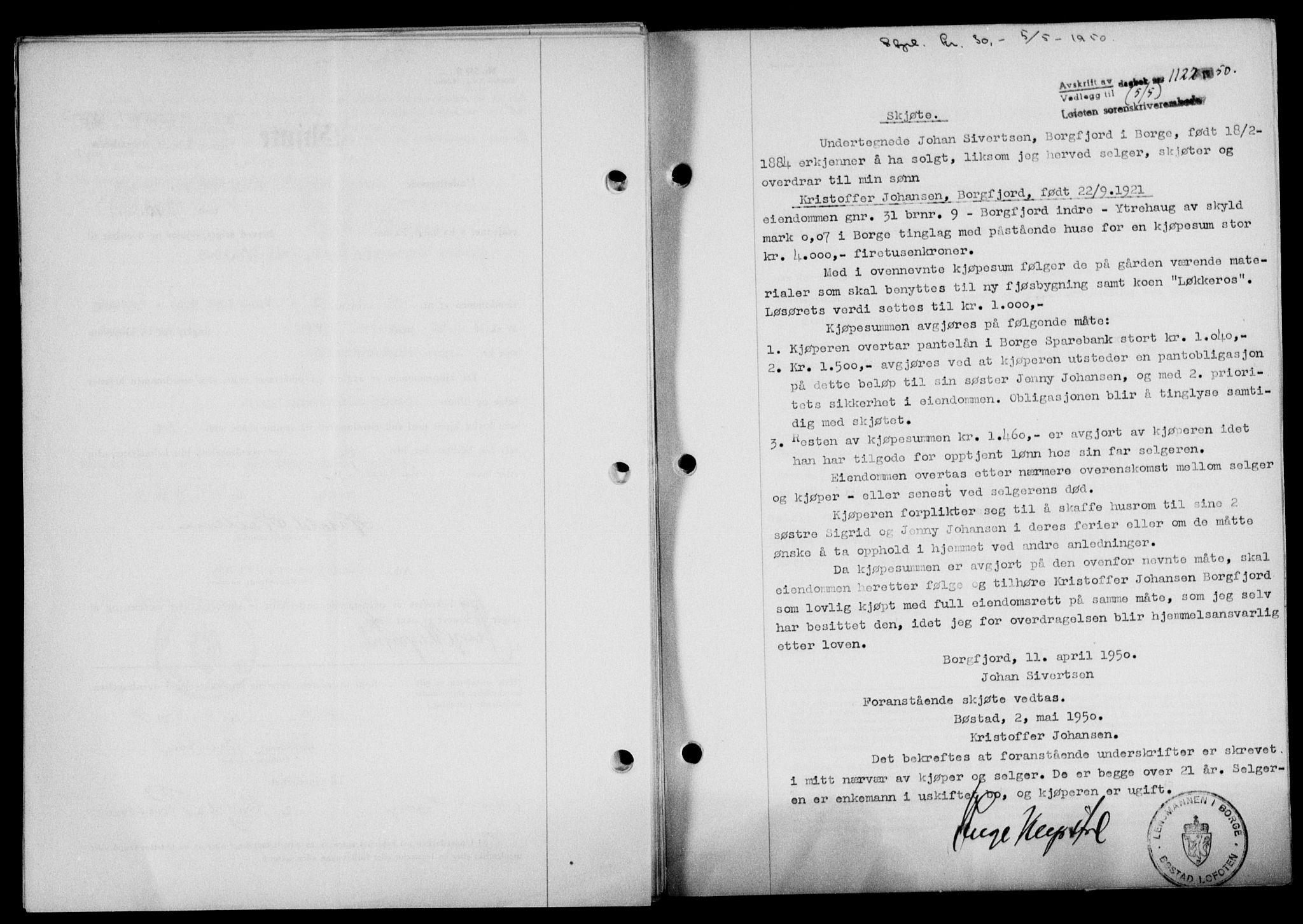Lofoten sorenskriveri, SAT/A-0017/1/2/2C/L0023a: Mortgage book no. 23a, 1950-1950, Diary no: : 1122/1950
