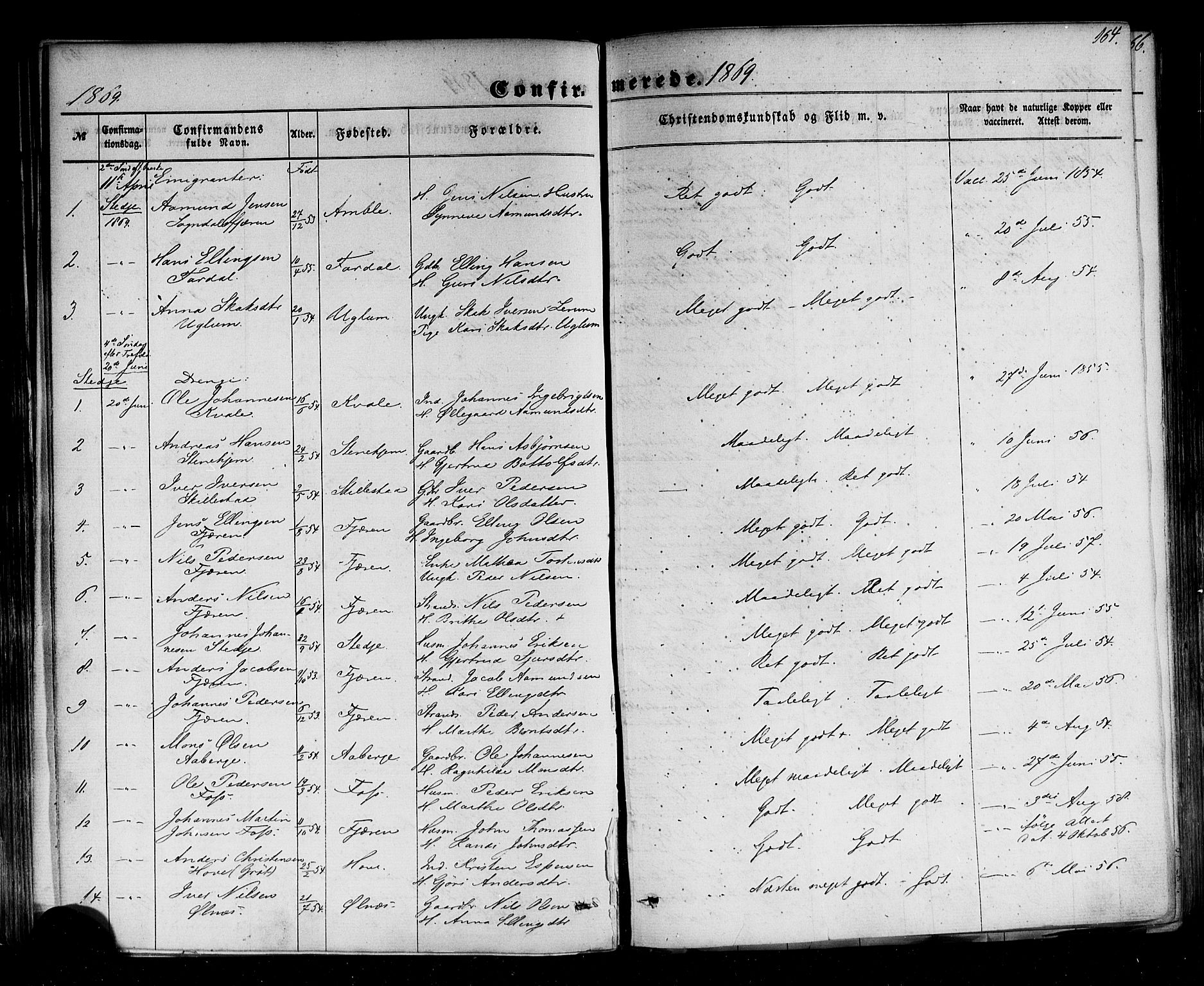 Sogndal sokneprestembete, SAB/A-81301/H/Haa/Haaa/L0013: Parish register (official) no. A 13, 1859-1877, p. 164