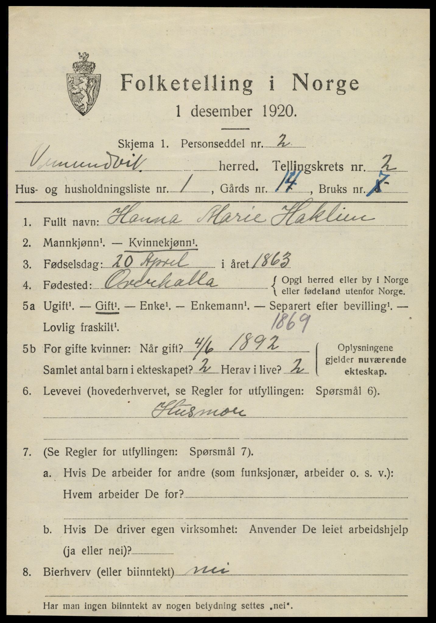 SAT, 1920 census for Vemundvik, 1920, p. 2461