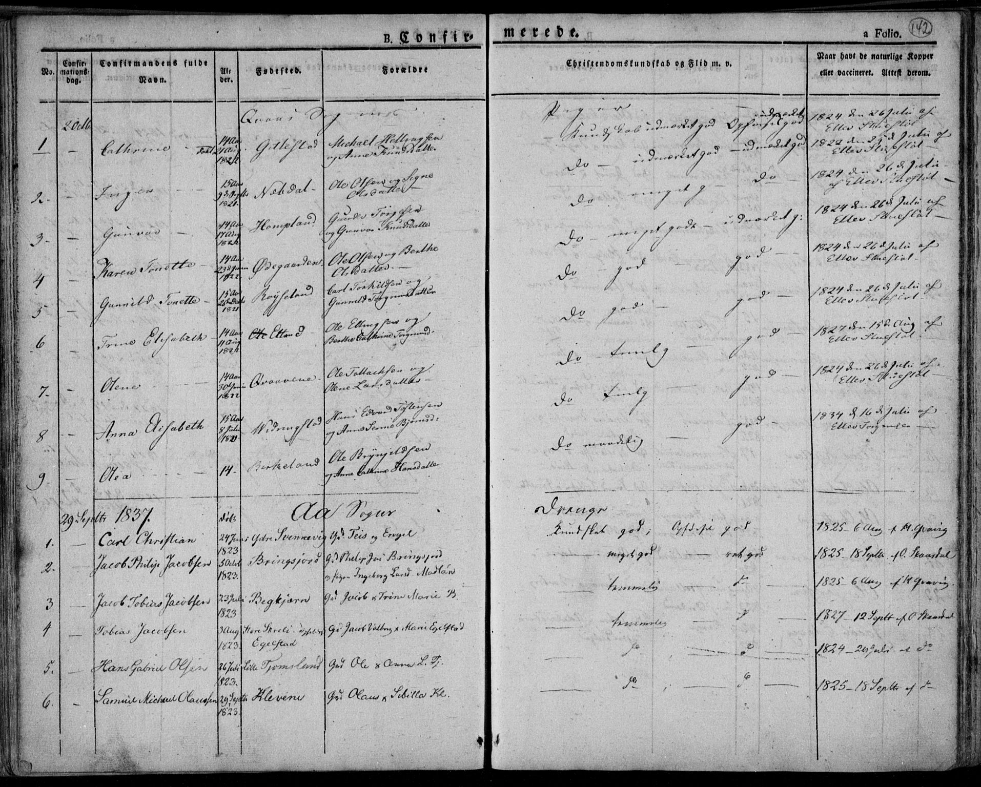 Lyngdal sokneprestkontor, AV/SAK-1111-0029/F/Fa/Fac/L0007: Parish register (official) no. A 7, 1825-1838, p. 142