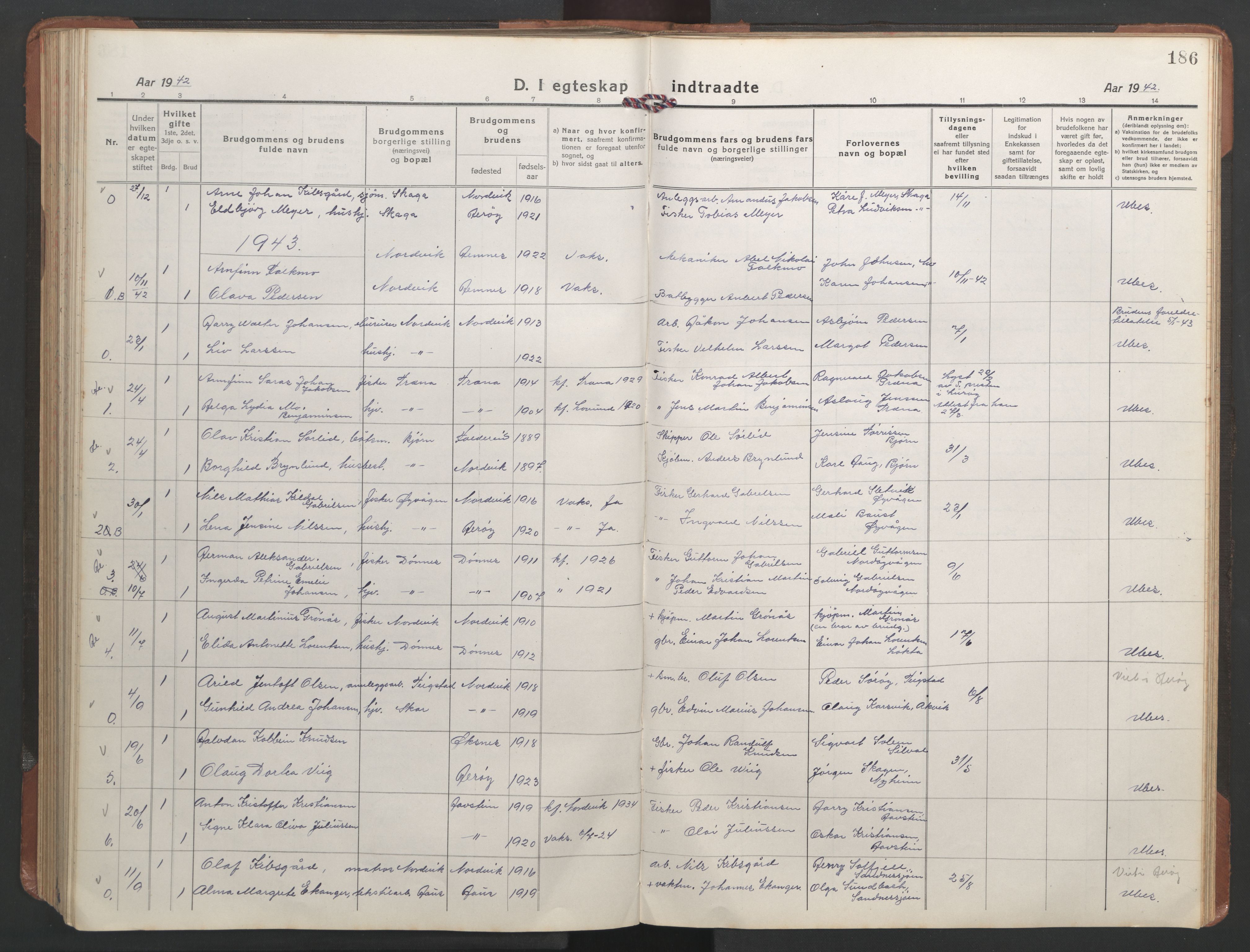 Ministerialprotokoller, klokkerbøker og fødselsregistre - Nordland, AV/SAT-A-1459/836/L0539: Parish register (copy) no. 836C03, 1917-1949, p. 186