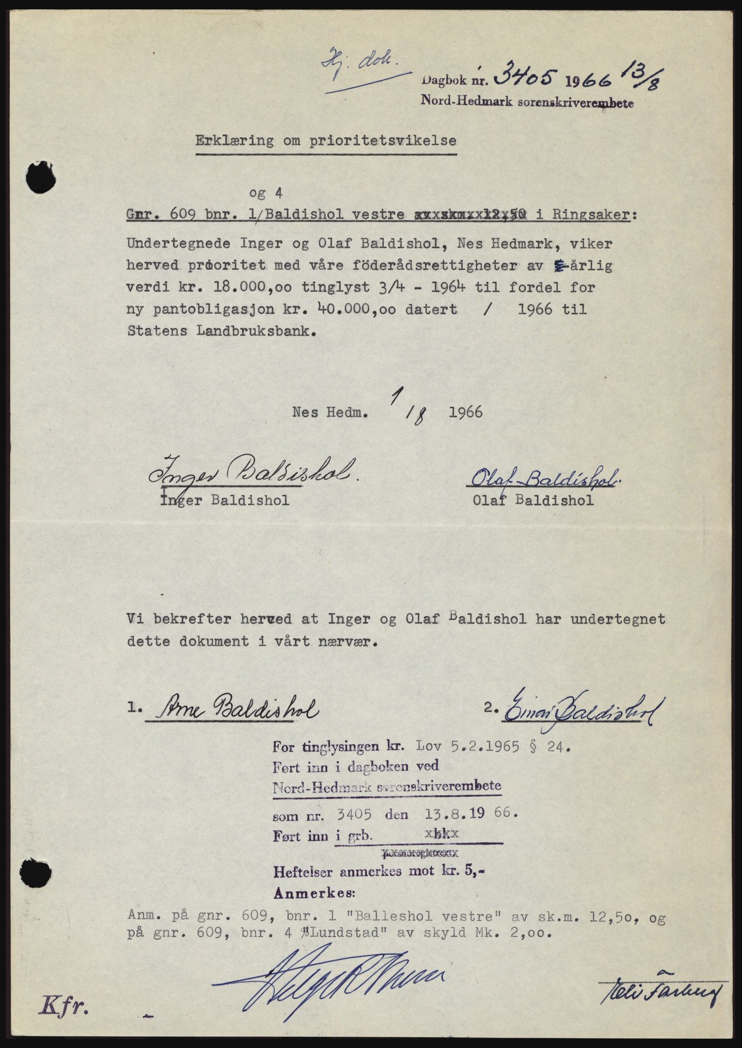 Nord-Hedmark sorenskriveri, SAH/TING-012/H/Hc/L0024: Mortgage book no. 24, 1966-1966, Diary no: : 3405/1966