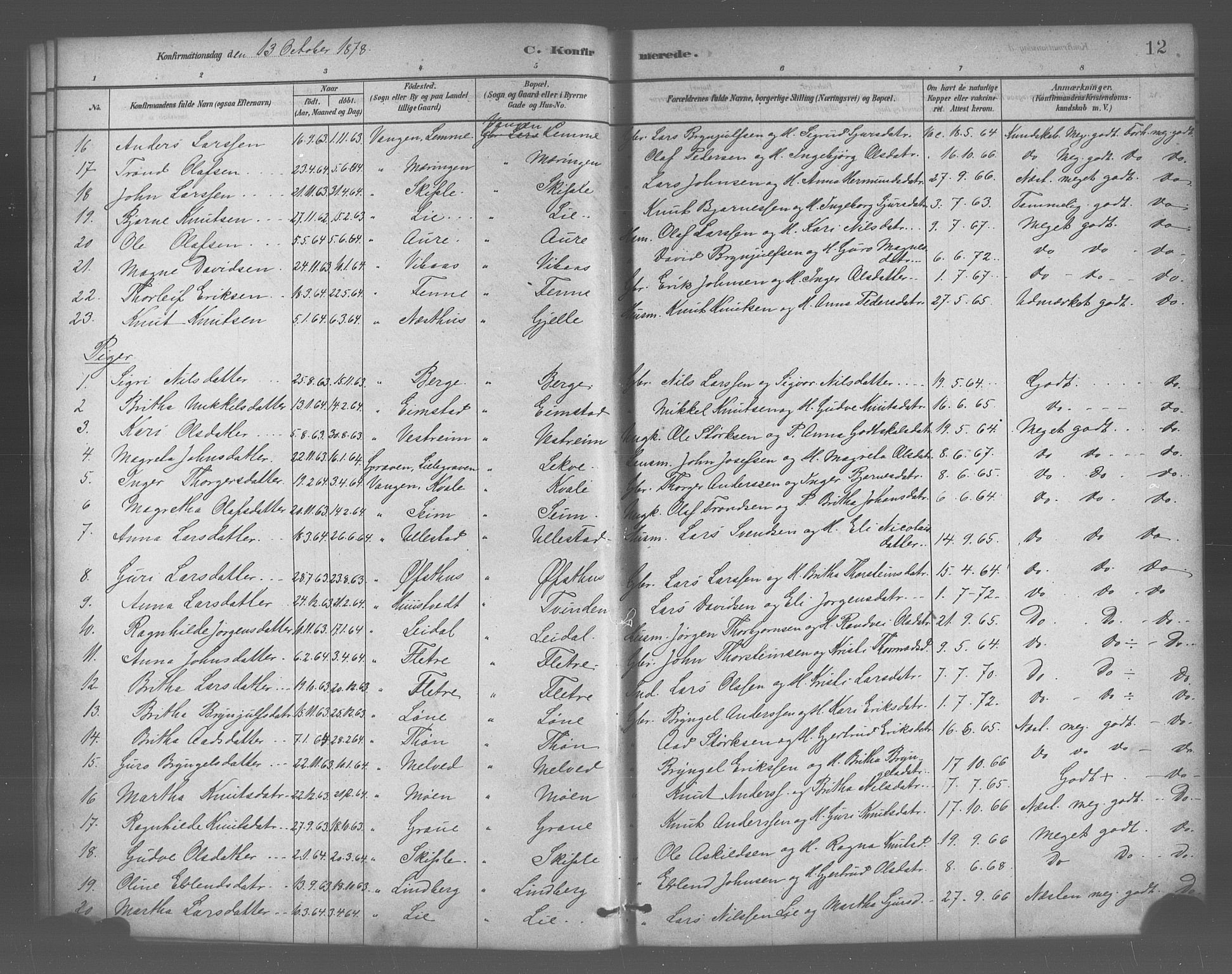 Voss sokneprestembete, SAB/A-79001/H/Haa: Parish register (official) no. B 1, 1877-1899, p. 12