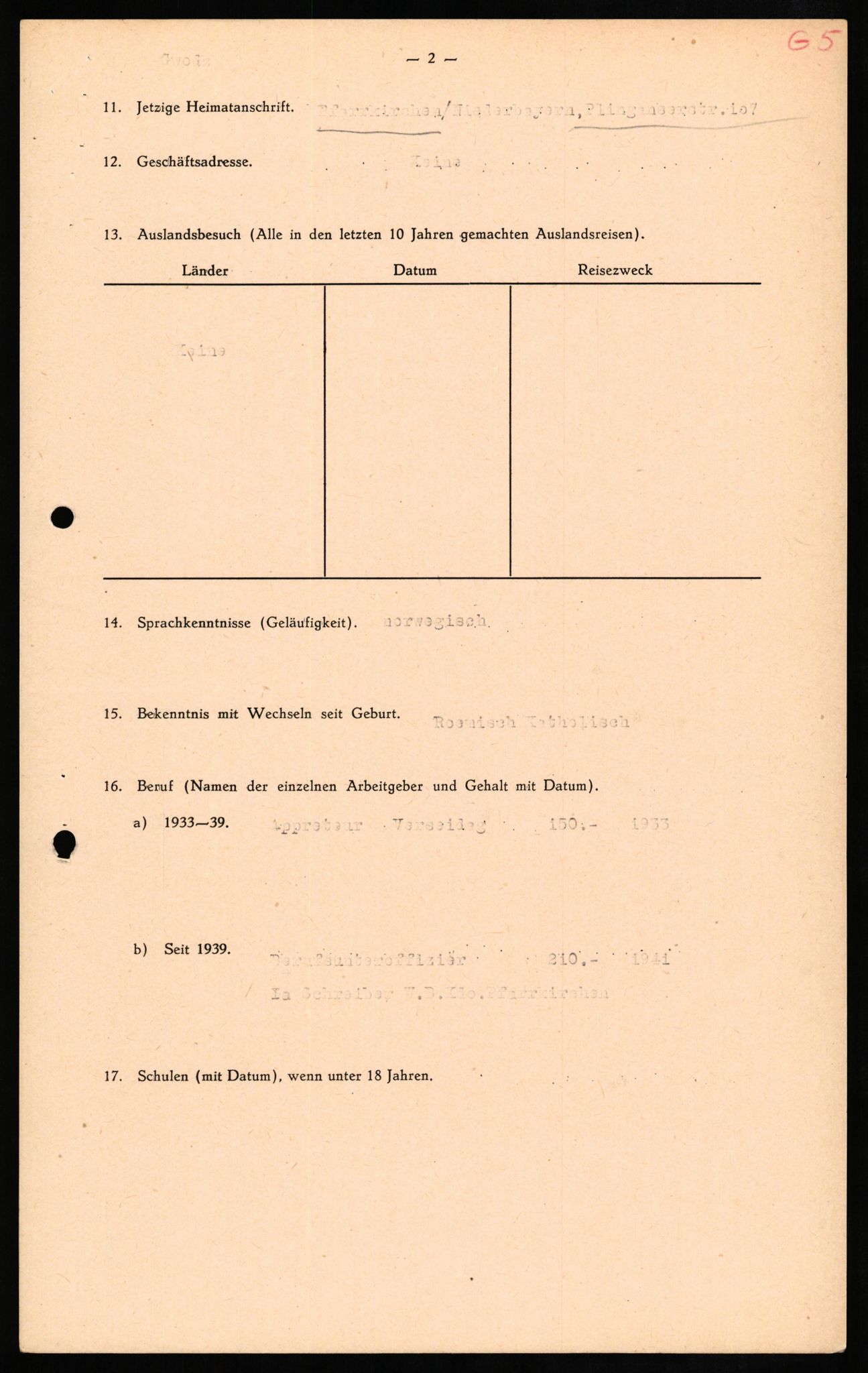 Forsvaret, Forsvarets overkommando II, AV/RA-RAFA-3915/D/Db/L0011: CI Questionaires. Tyske okkupasjonsstyrker i Norge. Tyskere., 1945-1946, p. 5