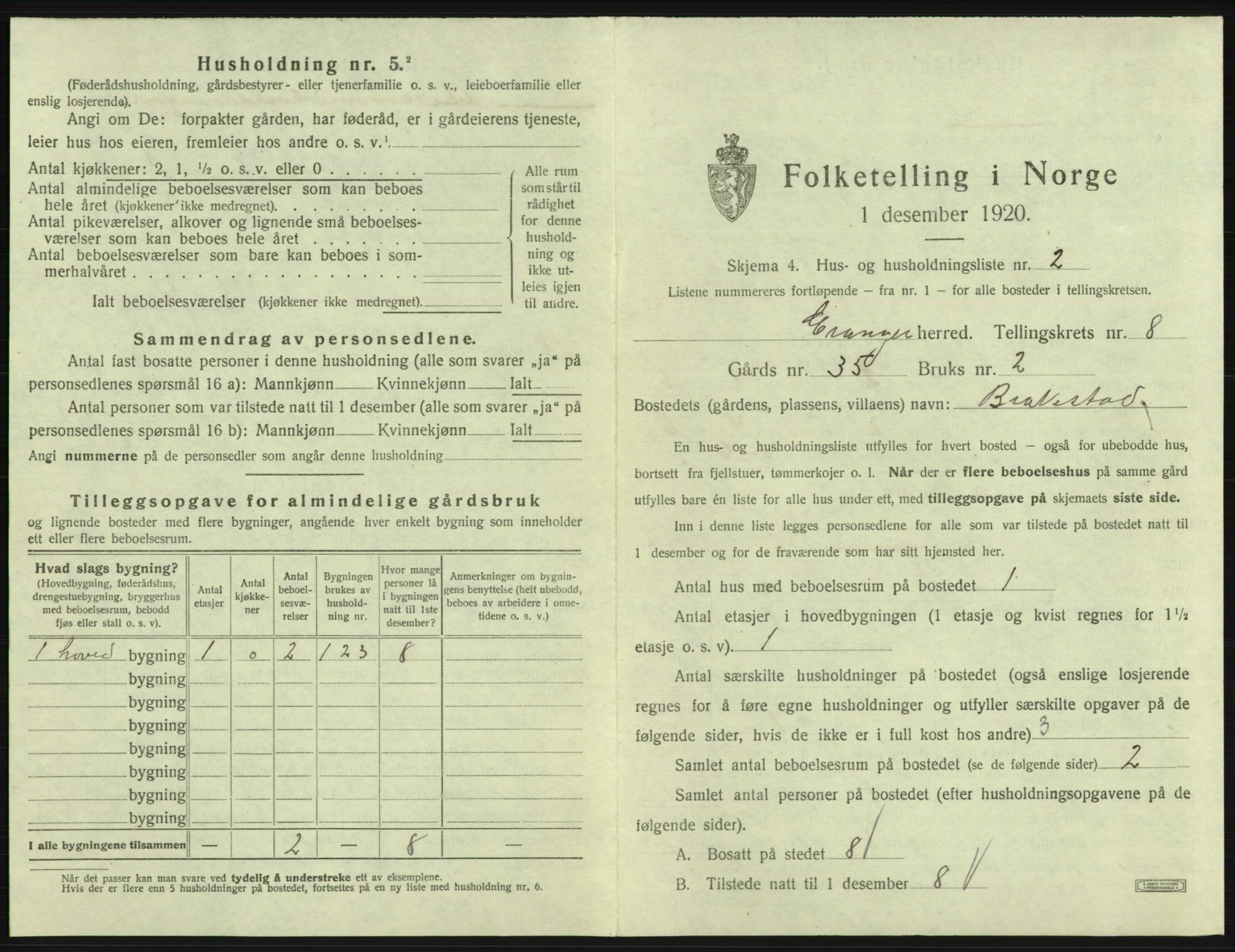 SAB, 1920 census for Evanger, 1920, p. 365