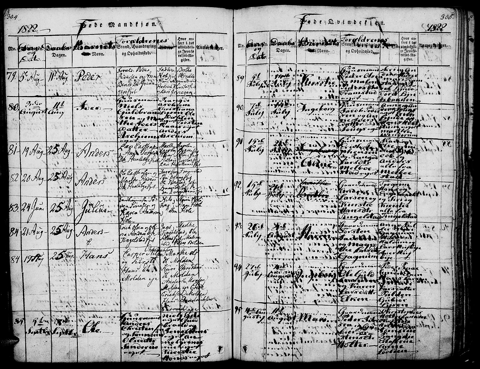 Gran prestekontor, AV/SAH-PREST-112/H/Ha/Haa/L0009: Parish register (official) no. 9, 1815-1824, p. 304-305