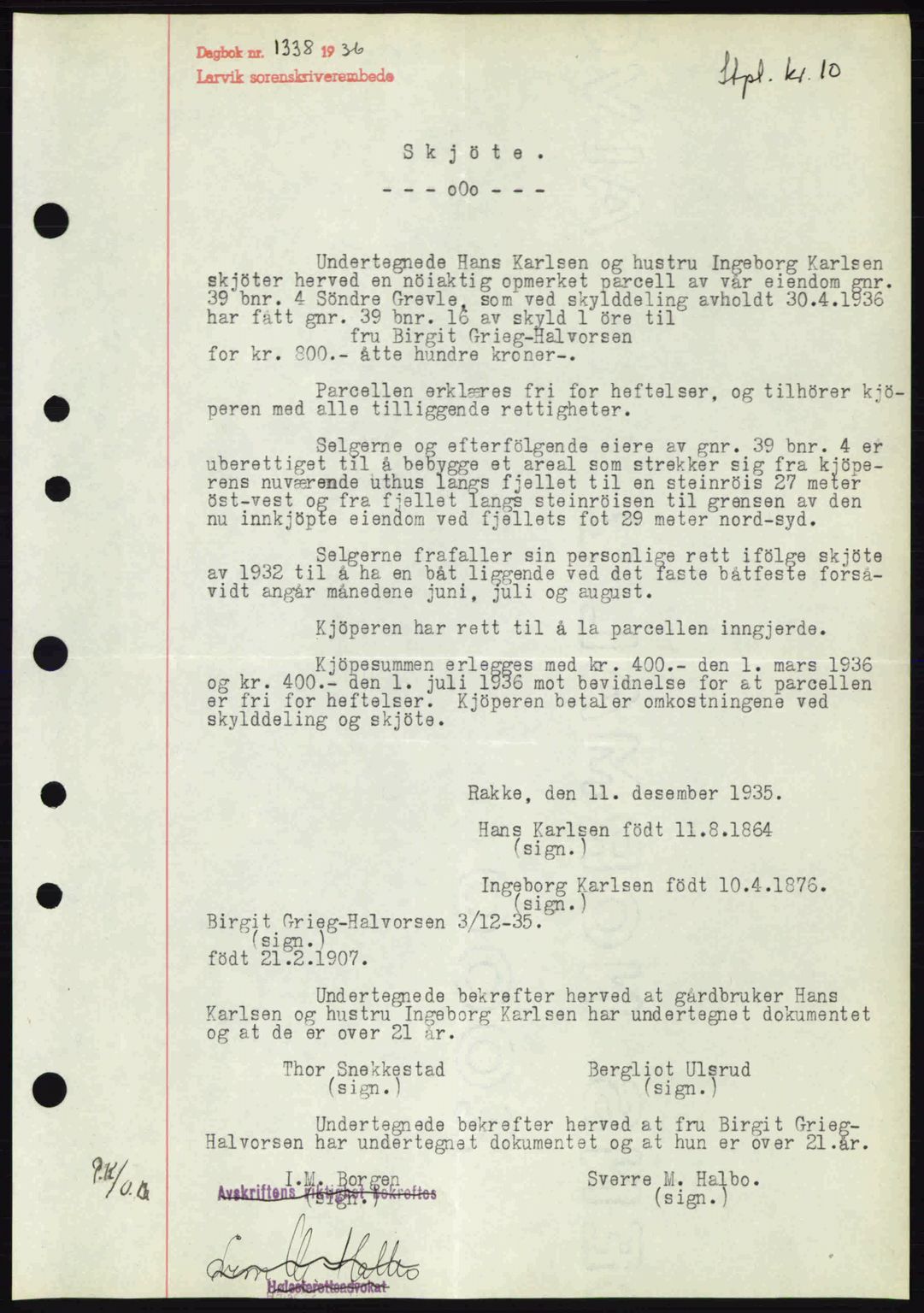 Larvik sorenskriveri, SAKO/A-83/G/Ga/Gab/L0067: Mortgage book no. A-1, 1936-1937, Diary no: : 1338/1936