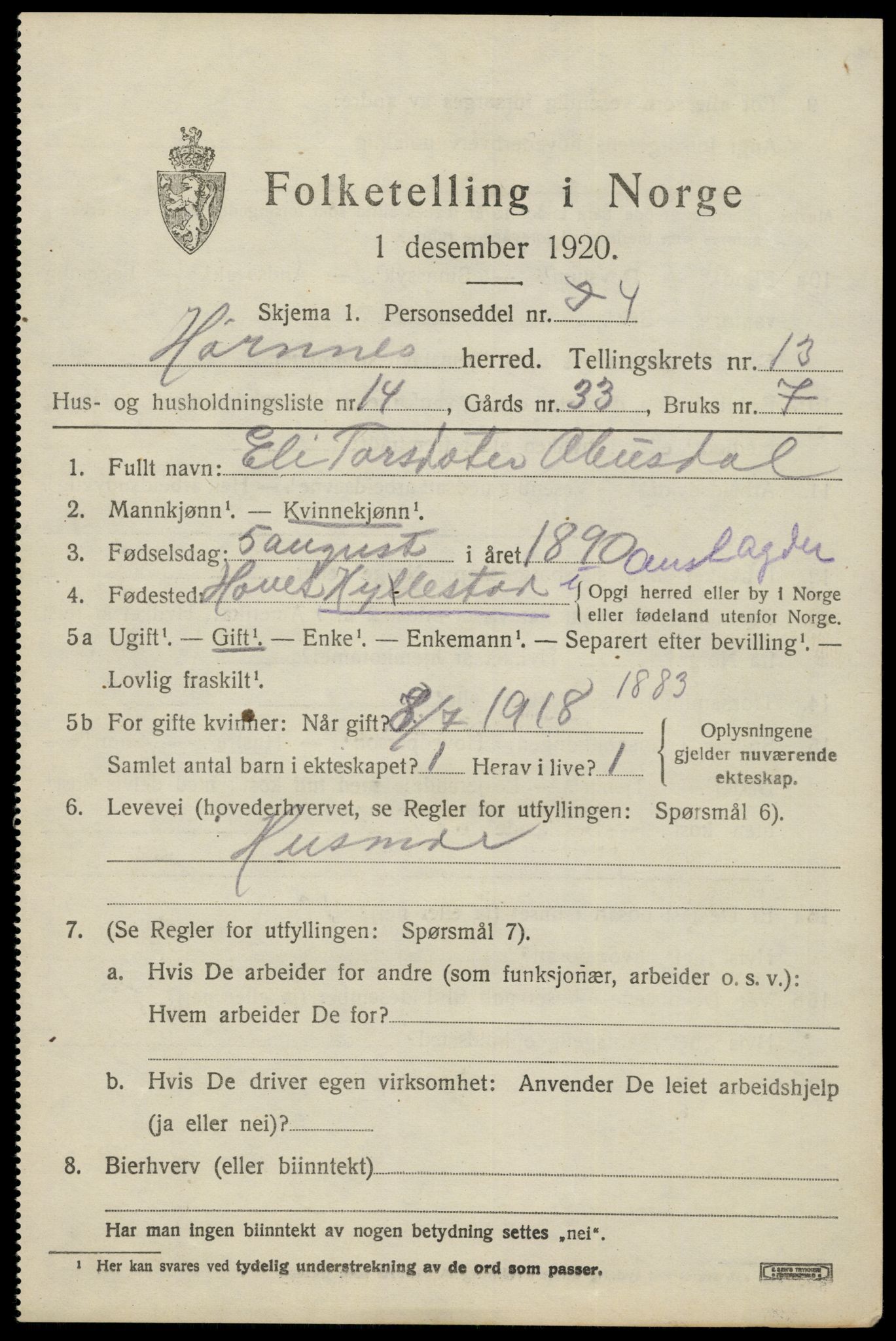 SAK, 1920 census for Hornnes, 1920, p. 3245